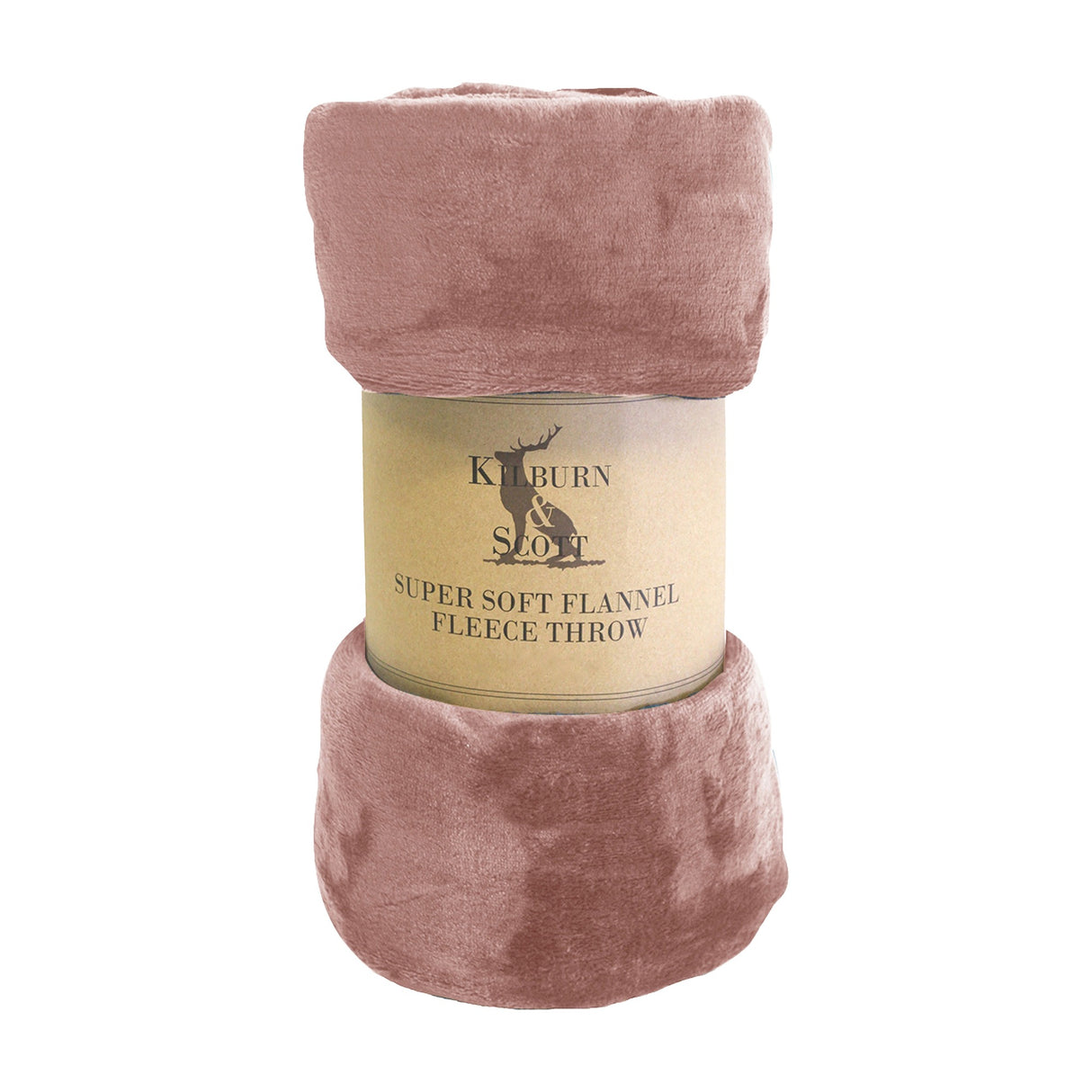 Kilburn & Scott Super Soft Flannel Fleece Throw in blush pink, rolled and wrapped with a branded kraft label, shown on a plain white background.