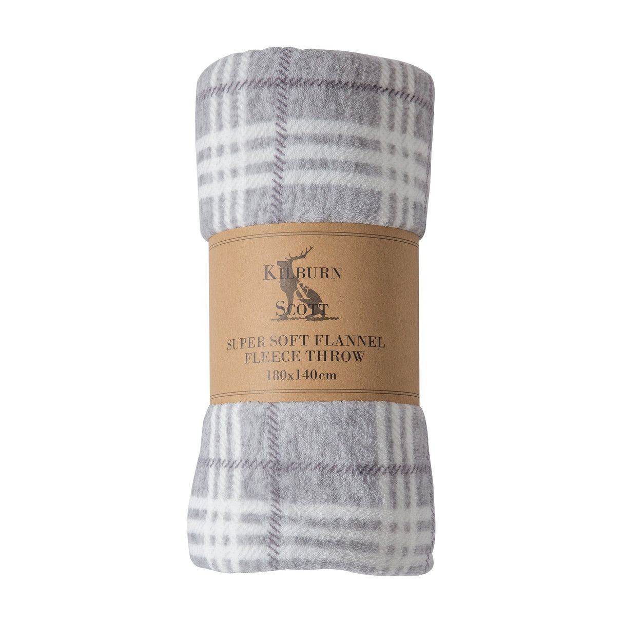 Rolled Gallery Direct Checkmate flannel fleece throw in silver grey and white check, wrapped with a kraft paper label, on a plain white background.