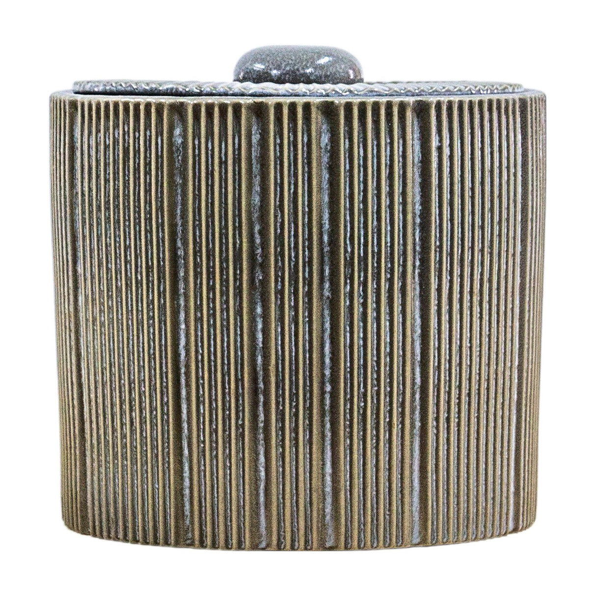 Gallery Direct Estvane ribbed lidded clay jar in grey with vertical fluted body, speckled glaze and fitted lid with rounded knob, on a white background.