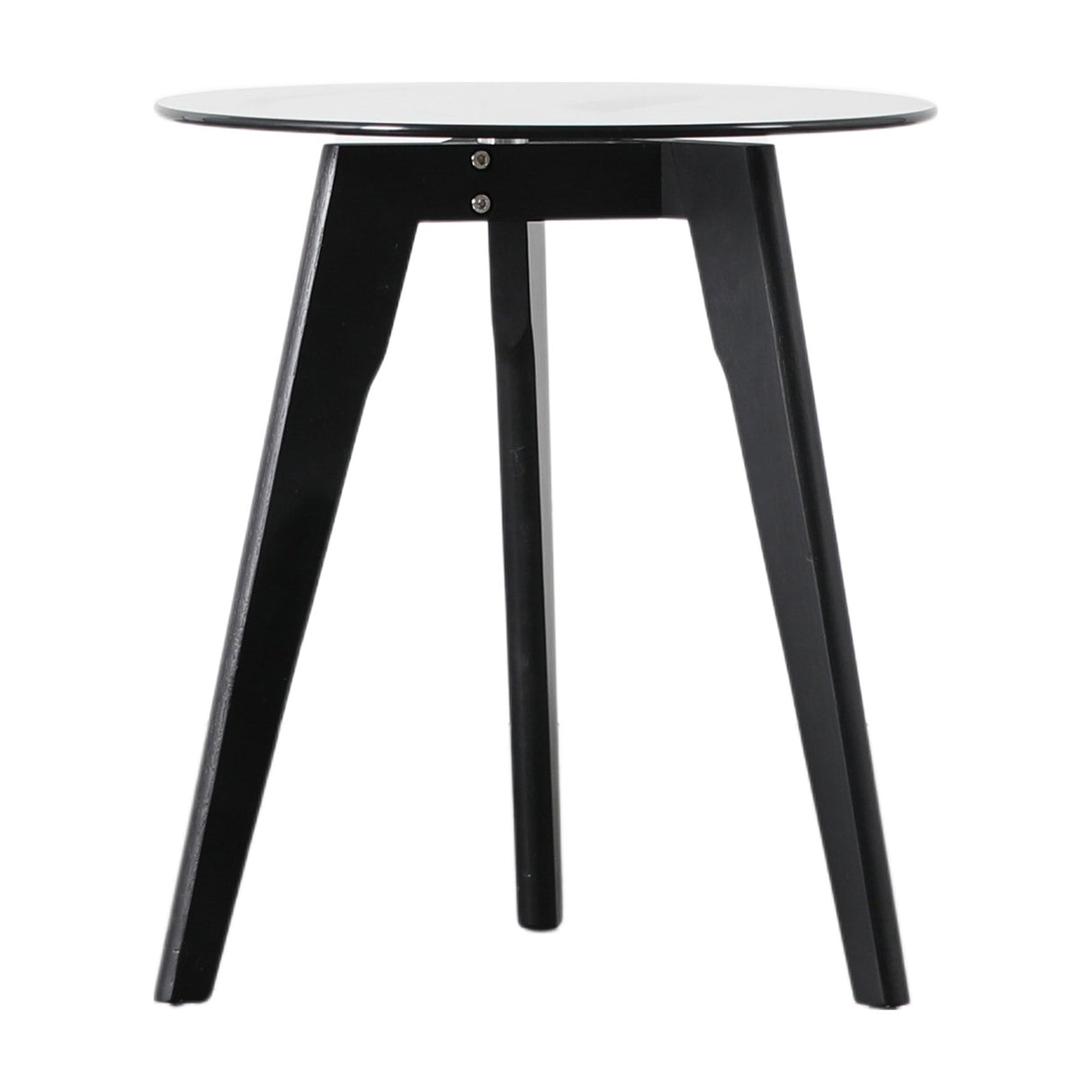 Gallery Direct Blavora Round Side Table with a black tempered glass top and splayed tripod-style black wooden legs on a plain background.