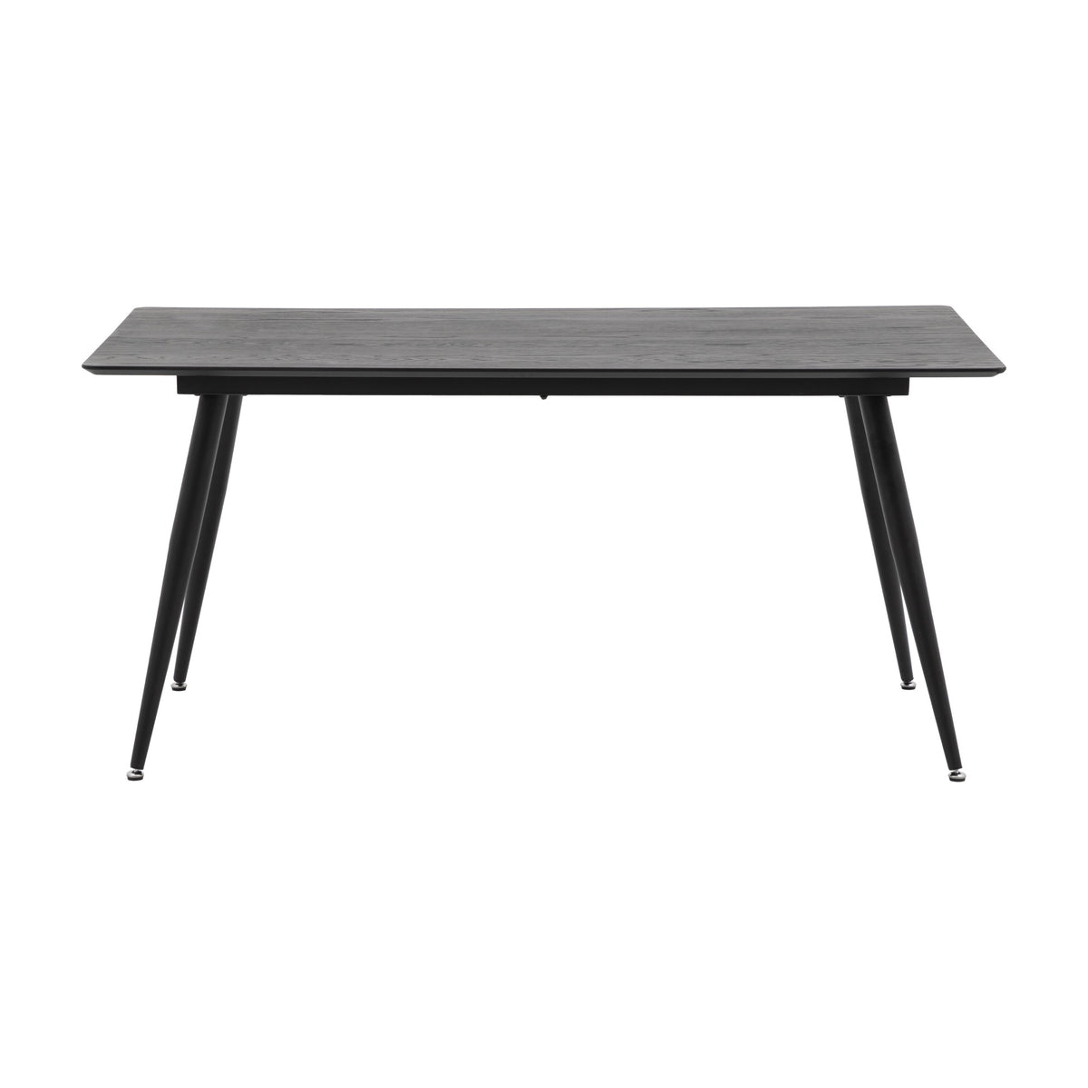 Gallery Direct Astvane Dining Table with a rectangular black oak veneer top and tapered matt black iron legs, shown on a plain white background.