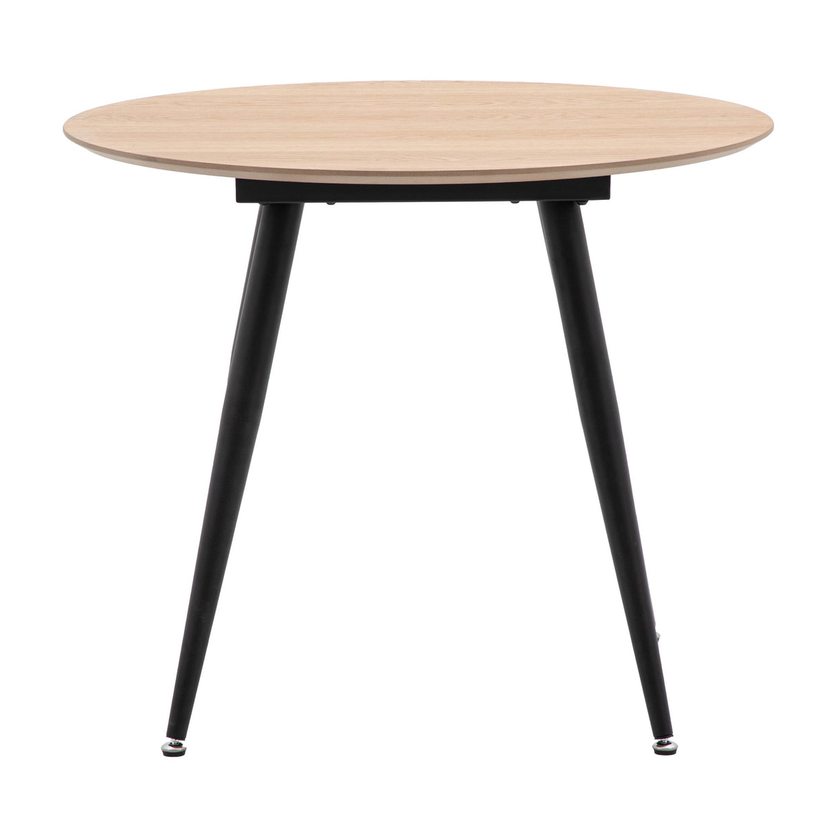Gallery Direct Astvane Round Dining Table with an oak veneer top and slim tapered black iron legs with levelling feet on a white background.