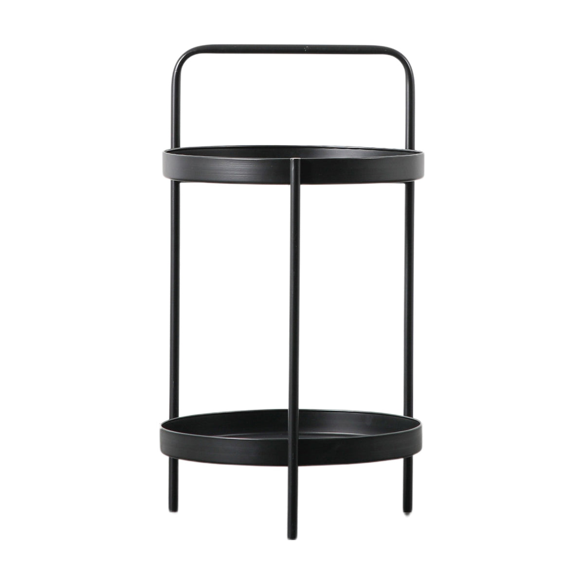Gallery Direct Senvane Two Tier Side Table in matt black iron, with two round trays and a tall arched carry handle, on a white background.