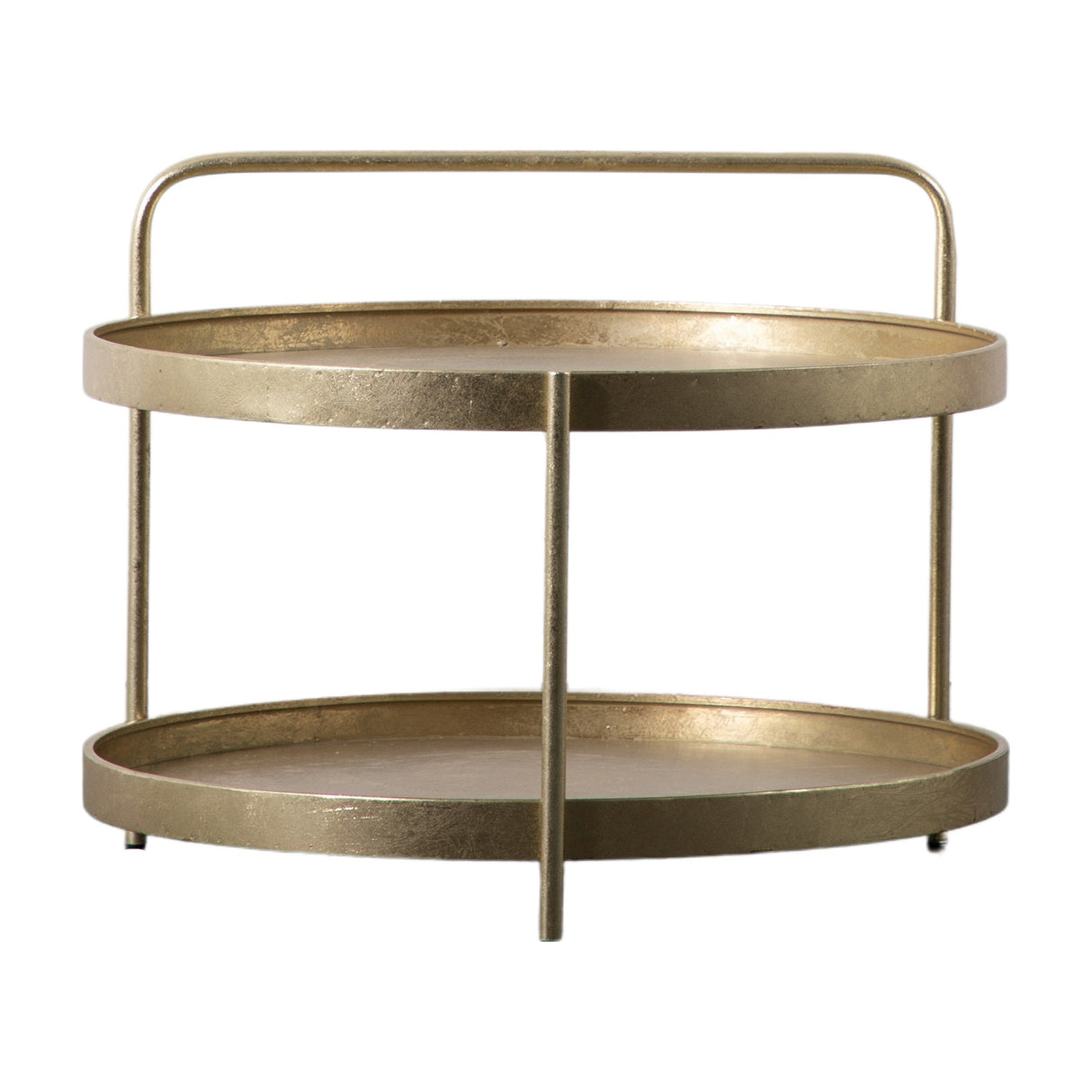 Gallery Direct Senvane Two Tier Round Coffee Table in gold iron with lipped trays and looped handle, shown on a plain white background.