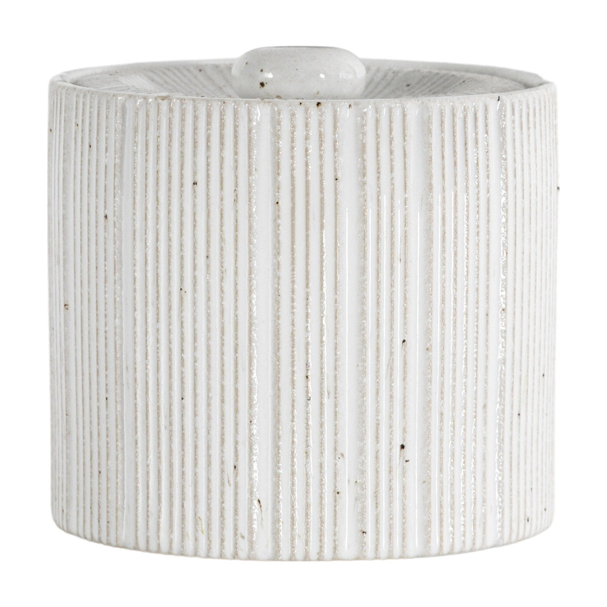 Gallery Direct Estvane Ribbed Lidded Jar in white speckled ceramic with vertical fluting and a small rounded knob lid, shown on a plain background.