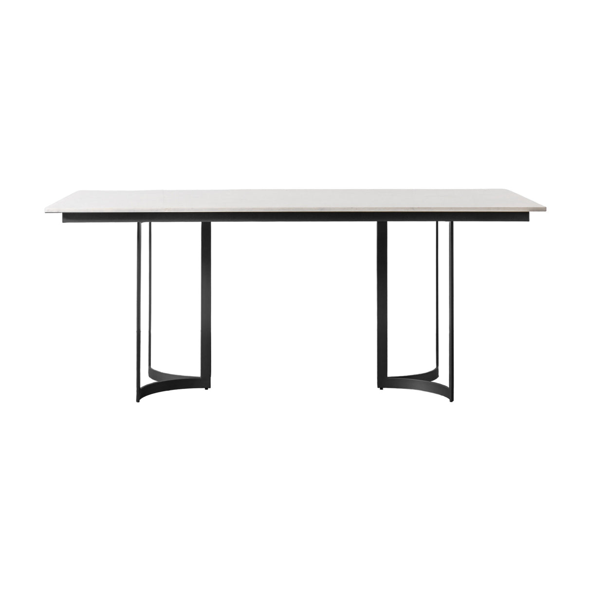 Gallery Direct Evervane Dining Table with rectangular honed pale stone top on twin curved matt black iron supports, shown on white.