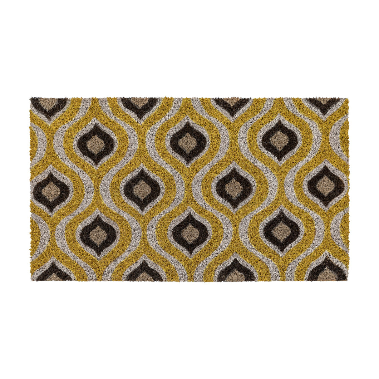 Gallery Direct Ikat Coir Doormat in ochre and natural with a repeating teardrop ogee pattern in yellow, grey, and dark brown on a white background.