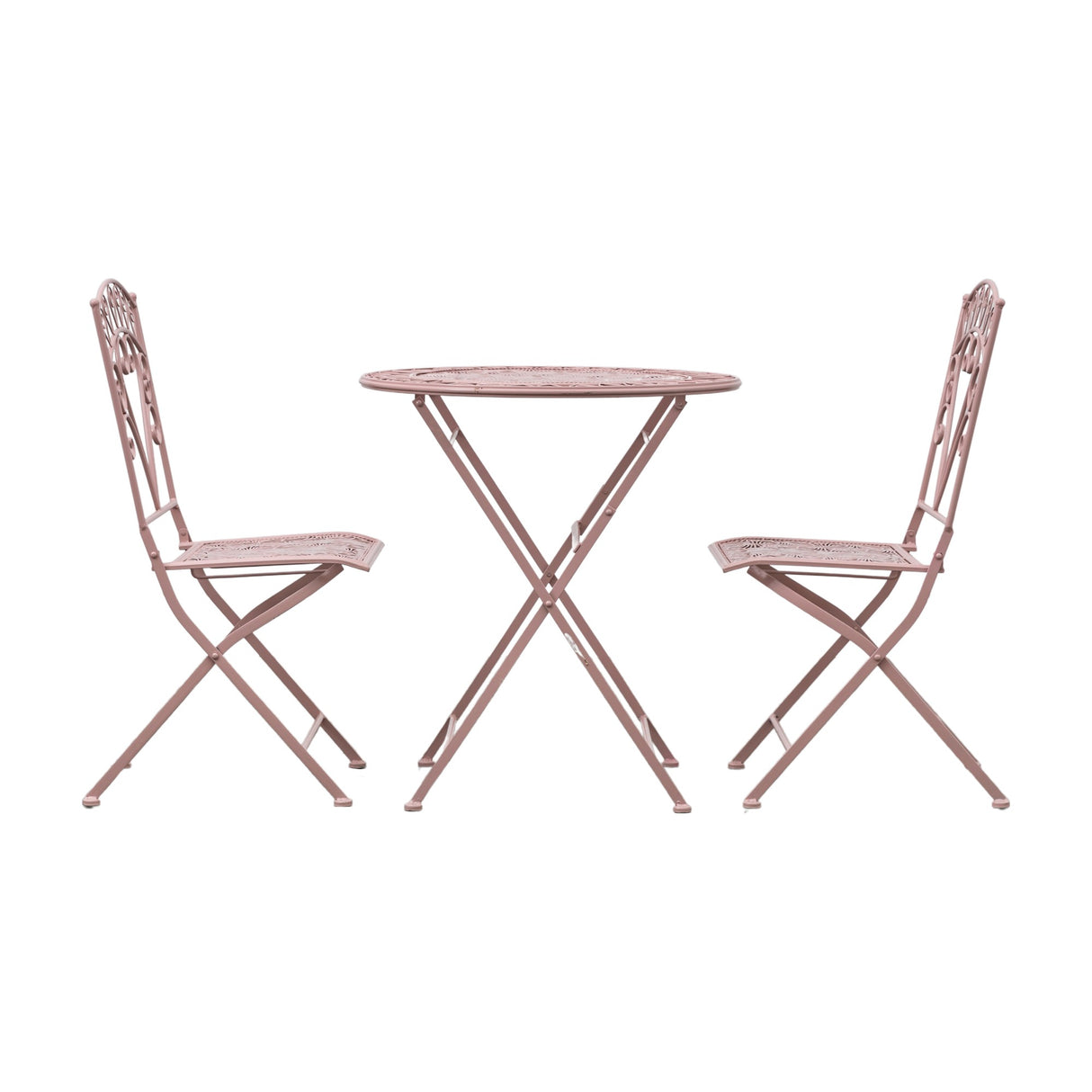 Gallery Direct Brinvane Folding Bistro Set in pink, round iron table with scrollwork detailing and two matching folding chairs on a white background.