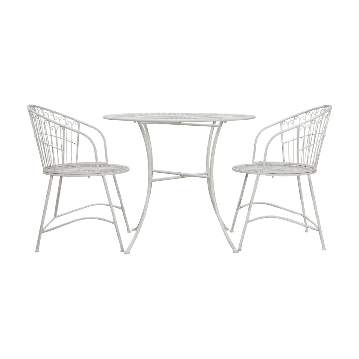 Gallery Direct Siravane 2 Seater Bistro Set in Vanilla, round iron table with two scroll-back armchairs in aged off-white, on a white background.