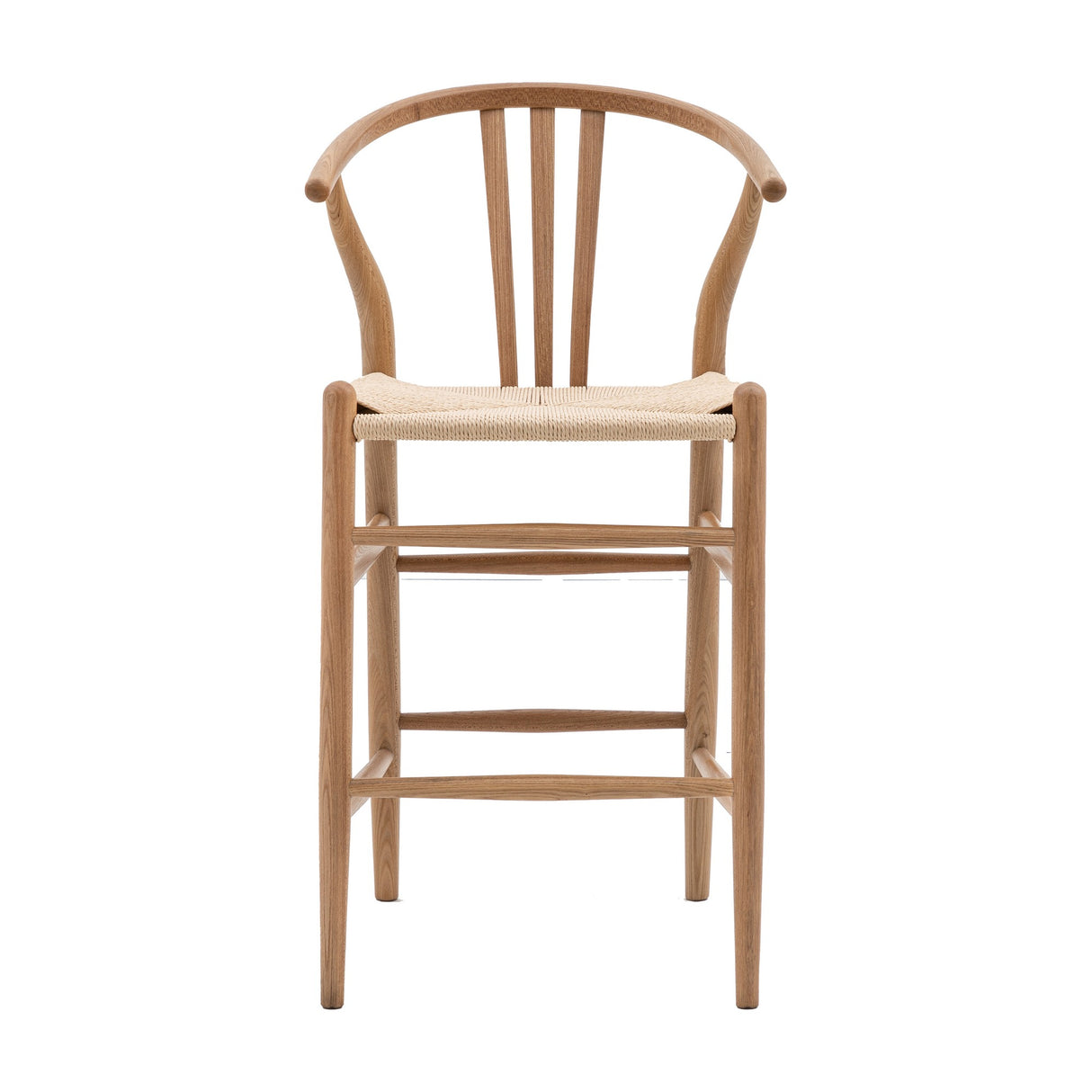 Gallery Direct Whitnelle Wishbone Bar Stool in natural elm with curved top rail, spindle back and woven kraft paper cord seat, on white.