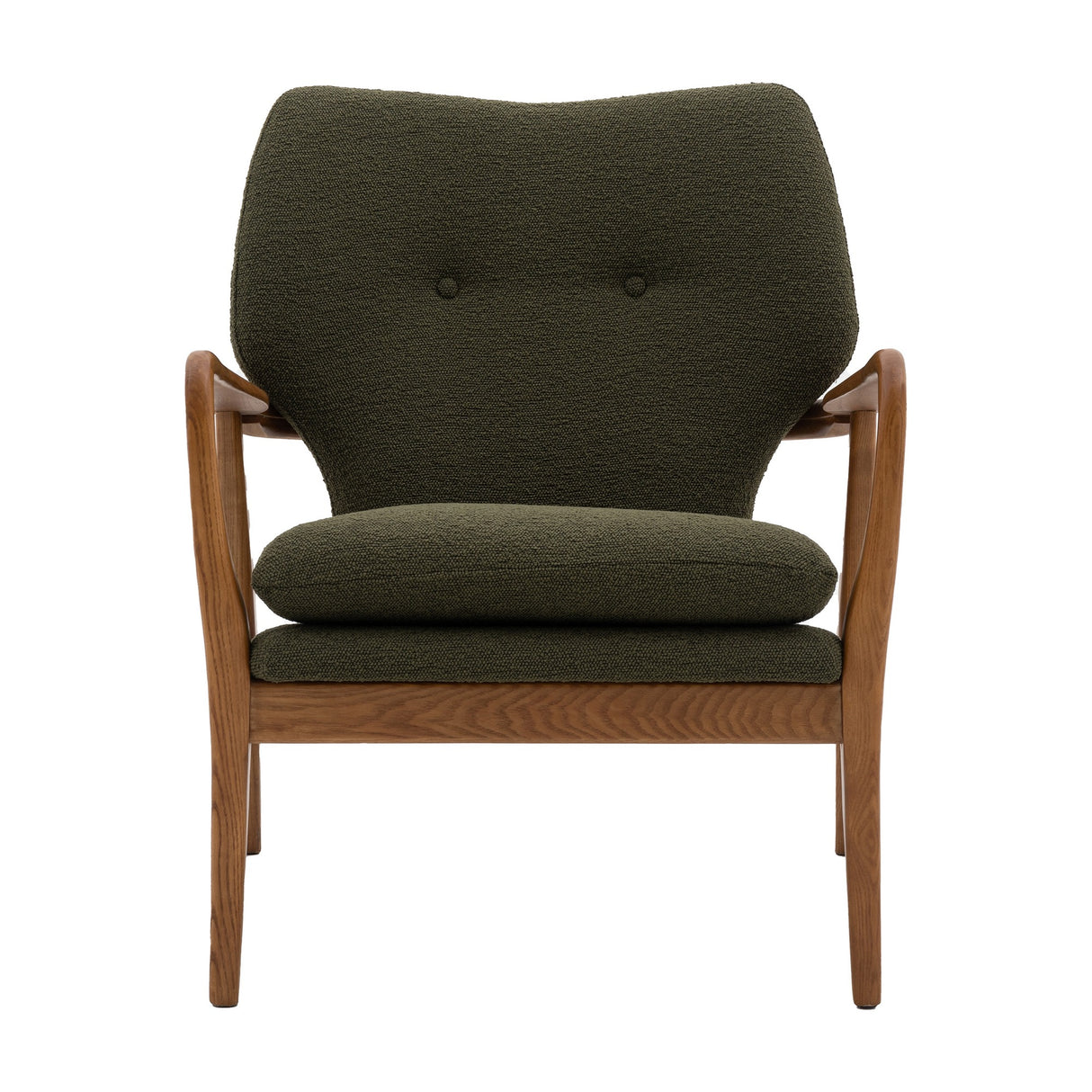 Gallery Direct Jenvane Bouclé Armchair in green with buttoned back, padded cushion and shaped oak show-wood frame, front view on white.