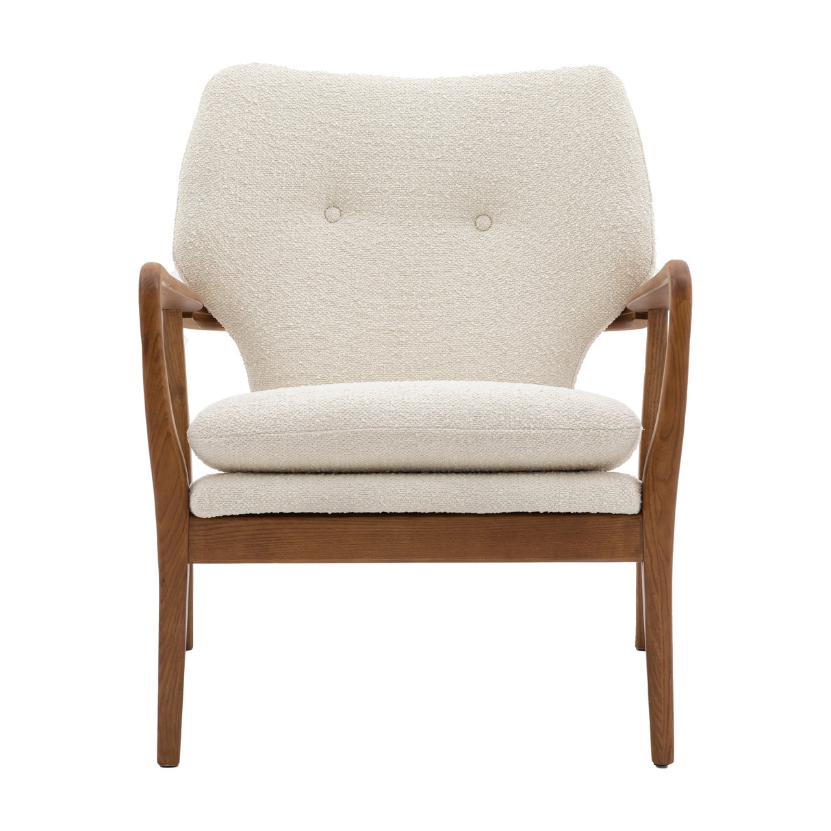 Gallery Direct Jenvane Bouclé Armchair in cream with buttoned back, curved oak show-wood arms and legs, shown front-on against a white background.