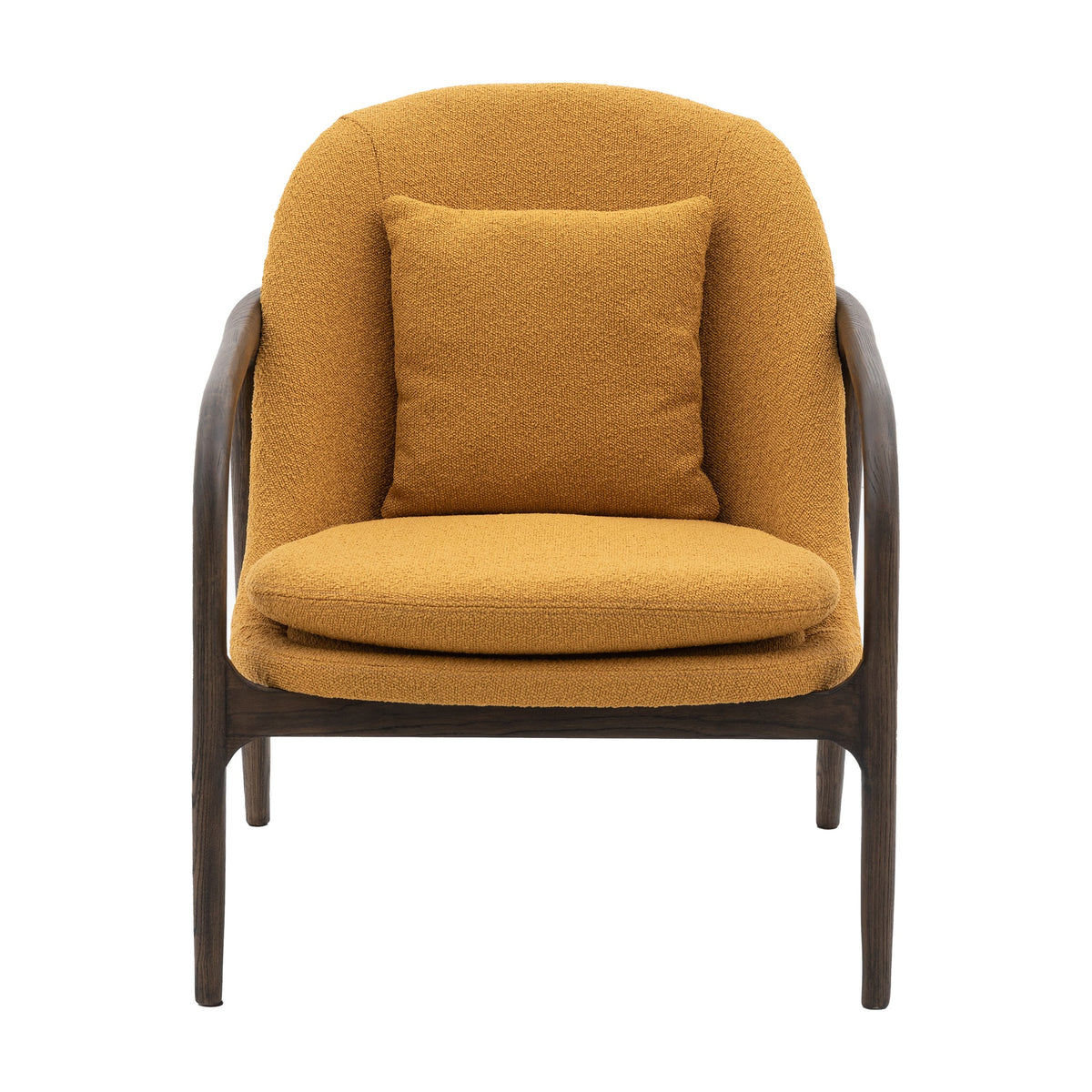 Gallery Direct Alevane ochre bouclé armchair with curved backrest, scatter cushion, deep seat pad and exposed brown oak frame on a white background.