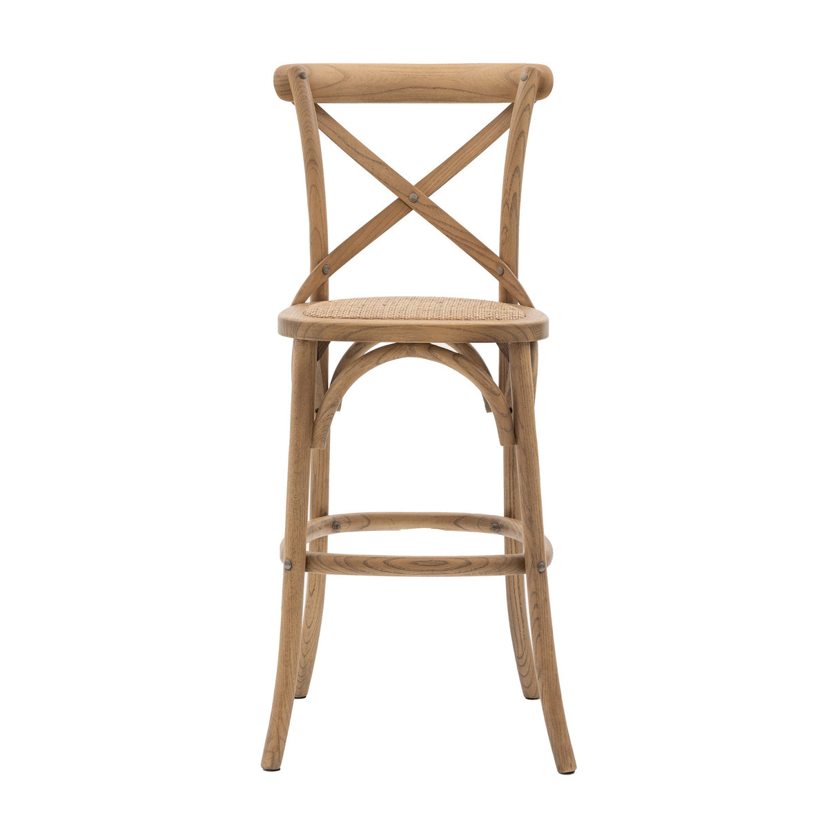 Gallery Direct Cafe Cross-Back Bar Stool in oak with woven rattan seat, curved footrest ring and pinned X-back, shown from behind on a white background.