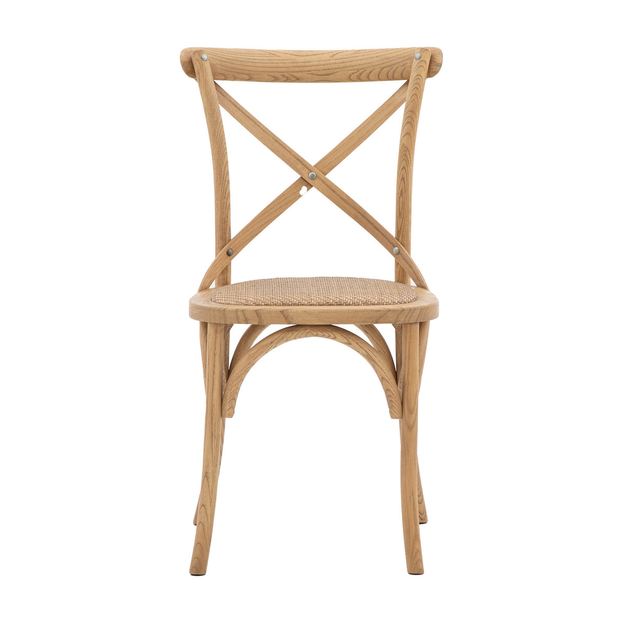 Gallery Direct Cafe Cross-Back Dining Chair in oak with woven rattan seat, X-back and metal bolts, shown front-on against a white background.