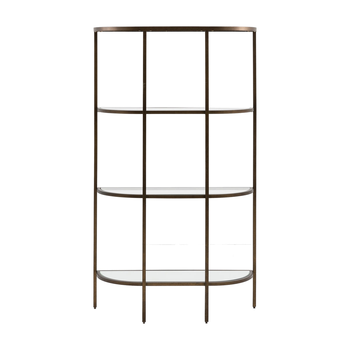 Gallery Direct Hudvane Half-Moon Display Unit with slim bronze metal frame and four clear glass tiers, shown against a plain white background.