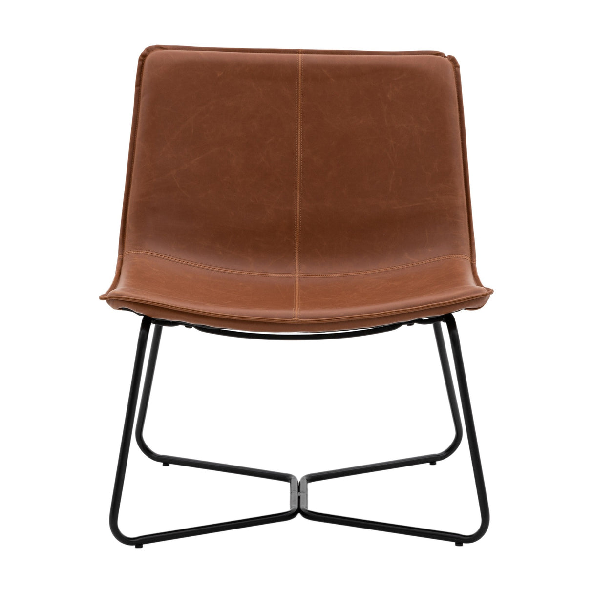 Gallery Direct Hawvenne Lounge Chair with curved brown PU faux leather shell, central stitched seam and black iron sled base on a white background.