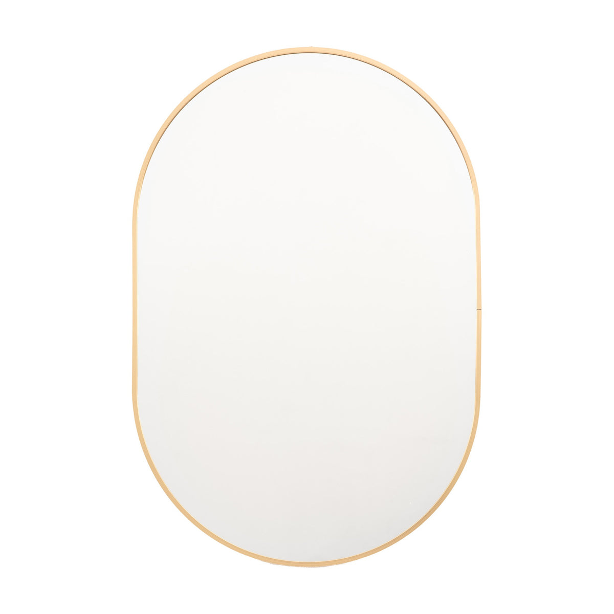Gallery Direct Wenvel pill-shaped wall mirror with a slim gold aluminium frame and clear glass, shown portrait on a plain white background.