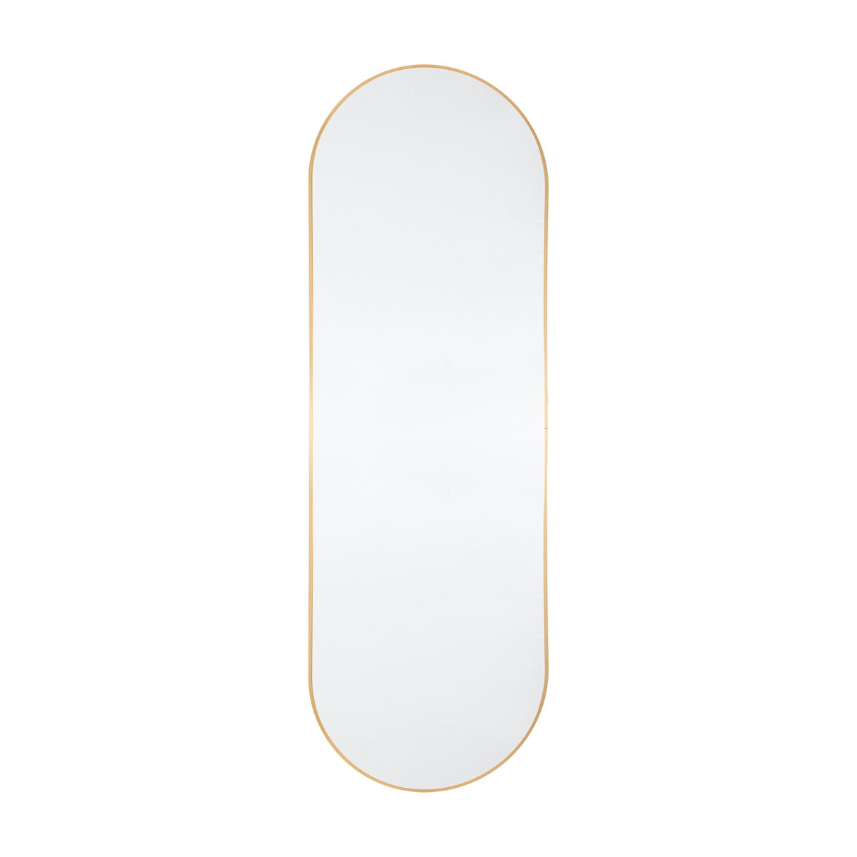 Gallery Direct Wenvel pill-shaped wall mirror with a slim gold aluminium frame, portrait orientation, shown against a plain white background.