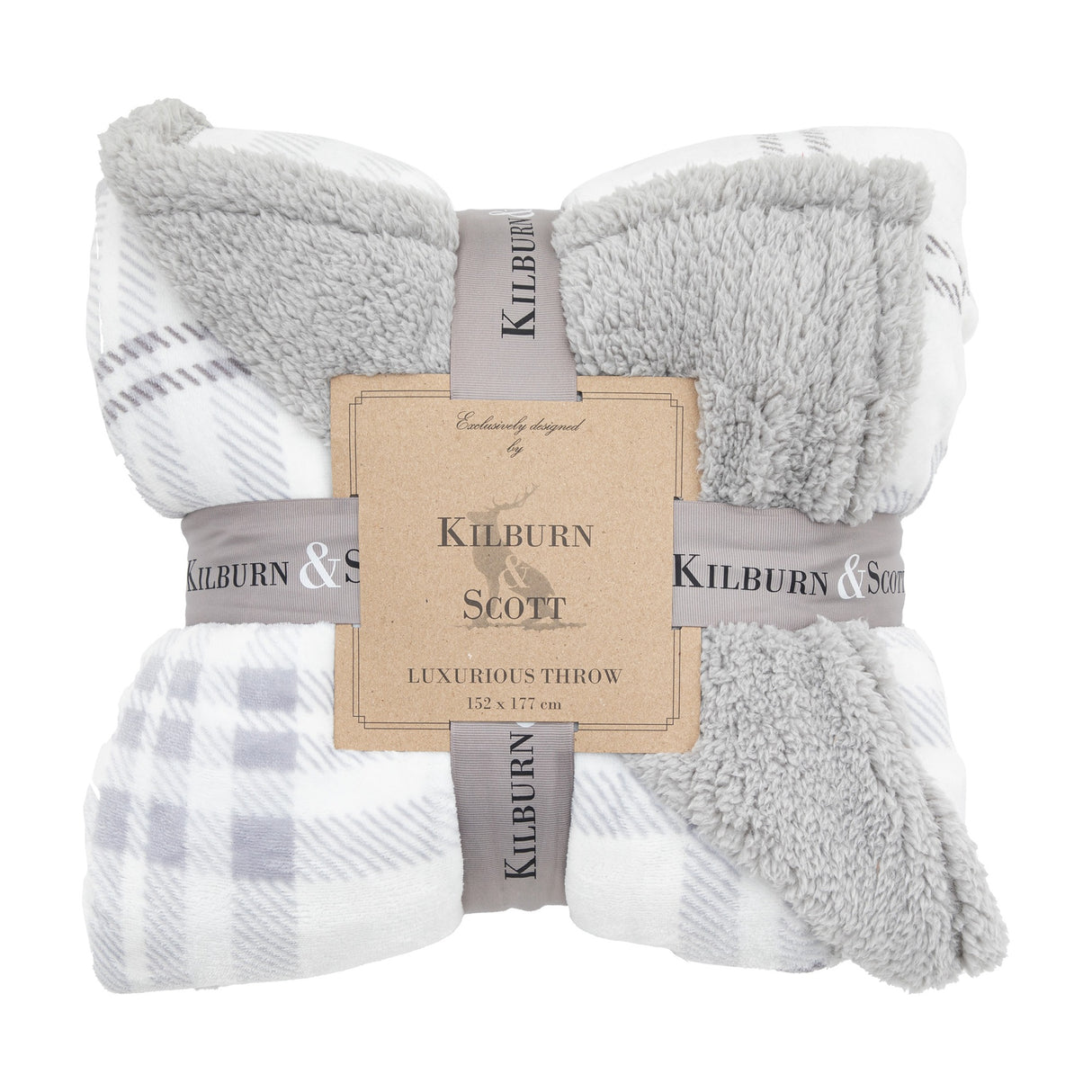 Kilburn & Scott Tartan Sherpa Throw in grey by Gallery Direct, folded to show plaid check face and plush fleece reverse with branded band.