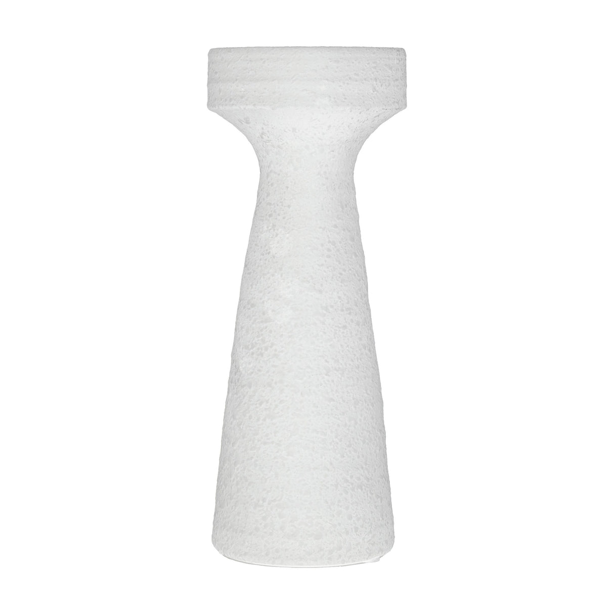 Gallery Direct Luvane textured ceramic pillar candle holder in white, with a wide flat top, slim flared waist and mottled finish, on a plain background.