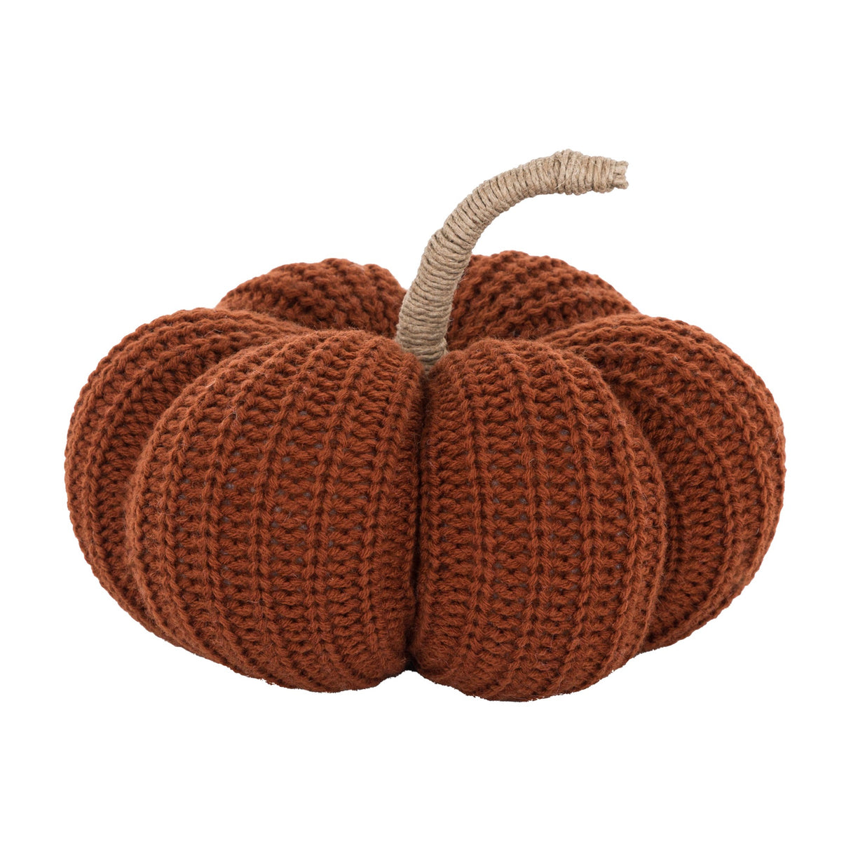 Gallery Direct Autumn Knitted Pumpkin Decoration in rust, with chunky ribbed knit body and twine-wrapped stalk, on a plain white background.