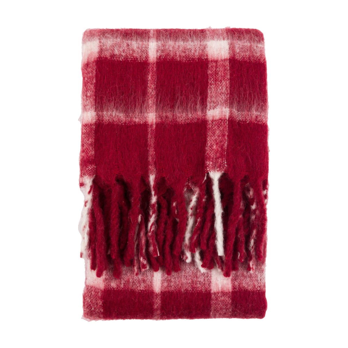 Gallery Direct Heritage Check Faux Mohair Throw in red with white windowpane check, folded to show knotted tassel fringe on a plain white background.