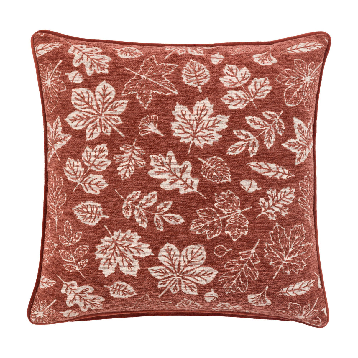 Gallery Direct Autumn Leaf Chenille Cushion in rust with a woven cream maple, oak and chestnut leaf pattern and piped edges, on a white background.