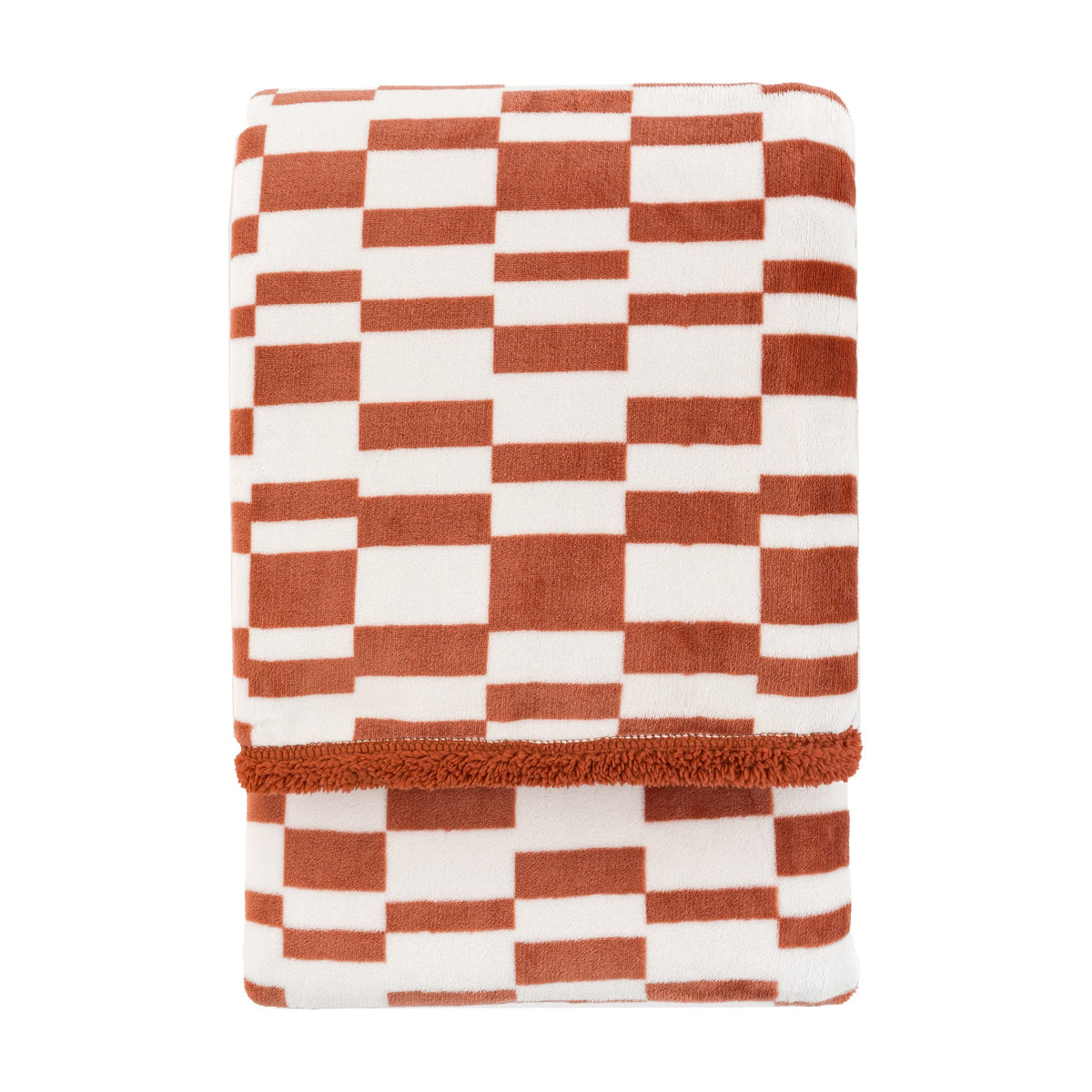 Gallery Direct Lohvane Checkerboard Sherpa Throw folded to show the nutmeg and cream irregular check pile with a matching sherpa fleece border.