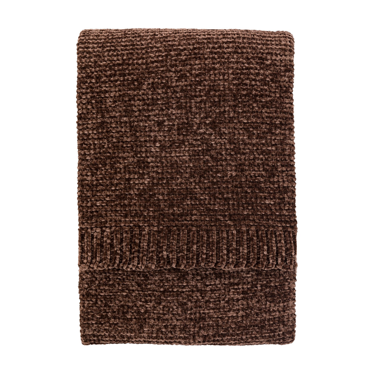 Gallery Direct Deco Luxe Chunky Chenille Throw in chocolate brown, folded to show the dense knitted pile and fringed edge on a plain background.