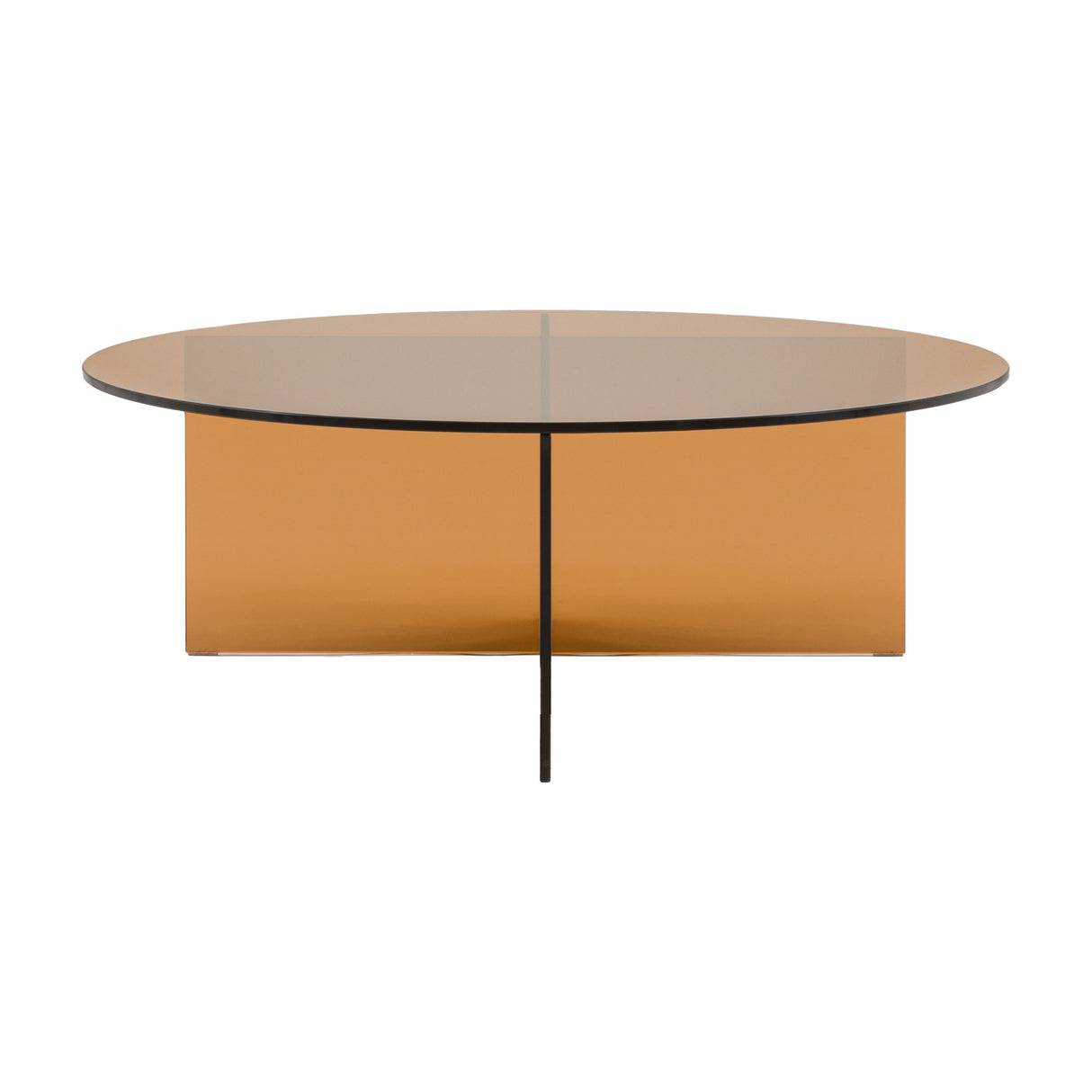 Gallery Direct Parvane Round Glass Coffee Table with a tinted bronze round top and cross-shaped glass base, shown on a plain white background.