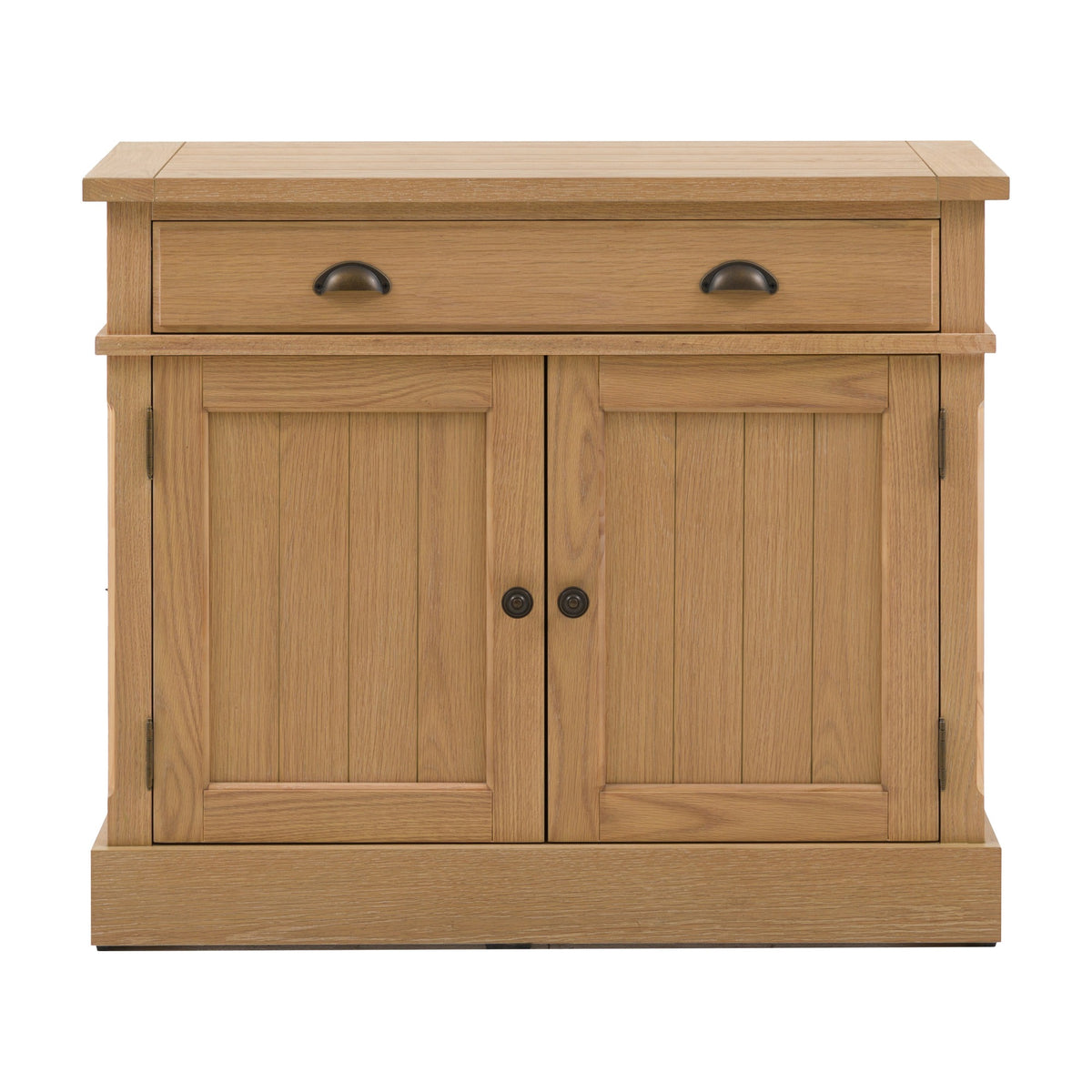 Gallery Direct Etvorne 2 Door Sideboard in natural oak with tongue-and-groove panelled doors, wide drawer and aged metal cup handles, on a white background.