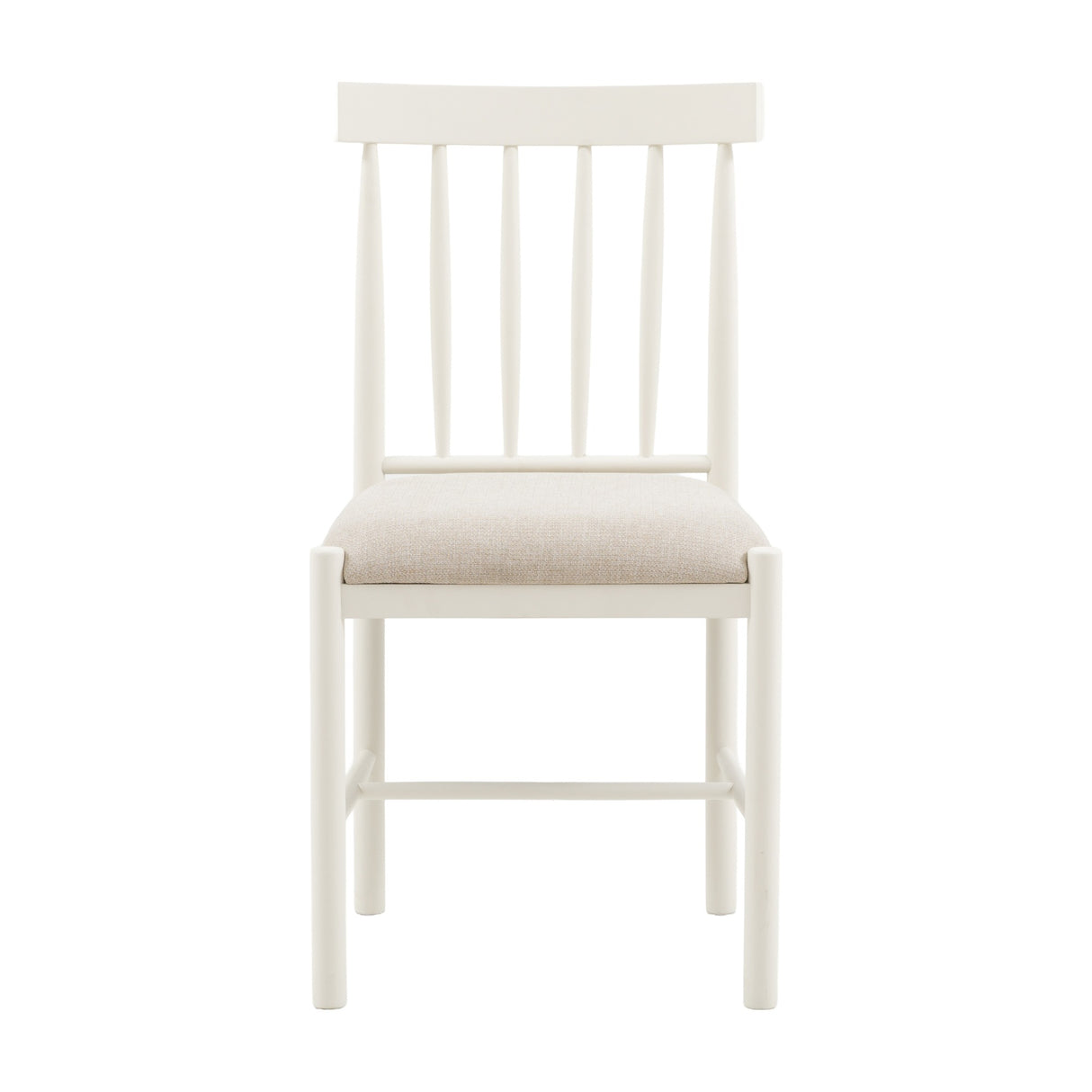 Gallery Direct Etvorne Spindle-Back Dining Chair in white oak with turned spindles, curved top rail and pale woven fabric seat, on a white background.