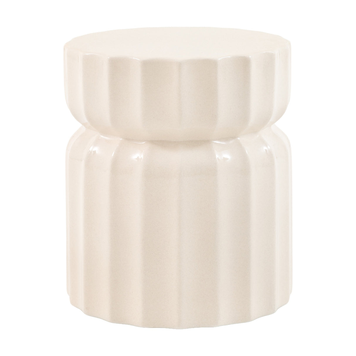 Gallery Direct Cirvane Fluted Ceramic Side Table in cream, with a spool shape, drum top and ribbed base on a plain white background.