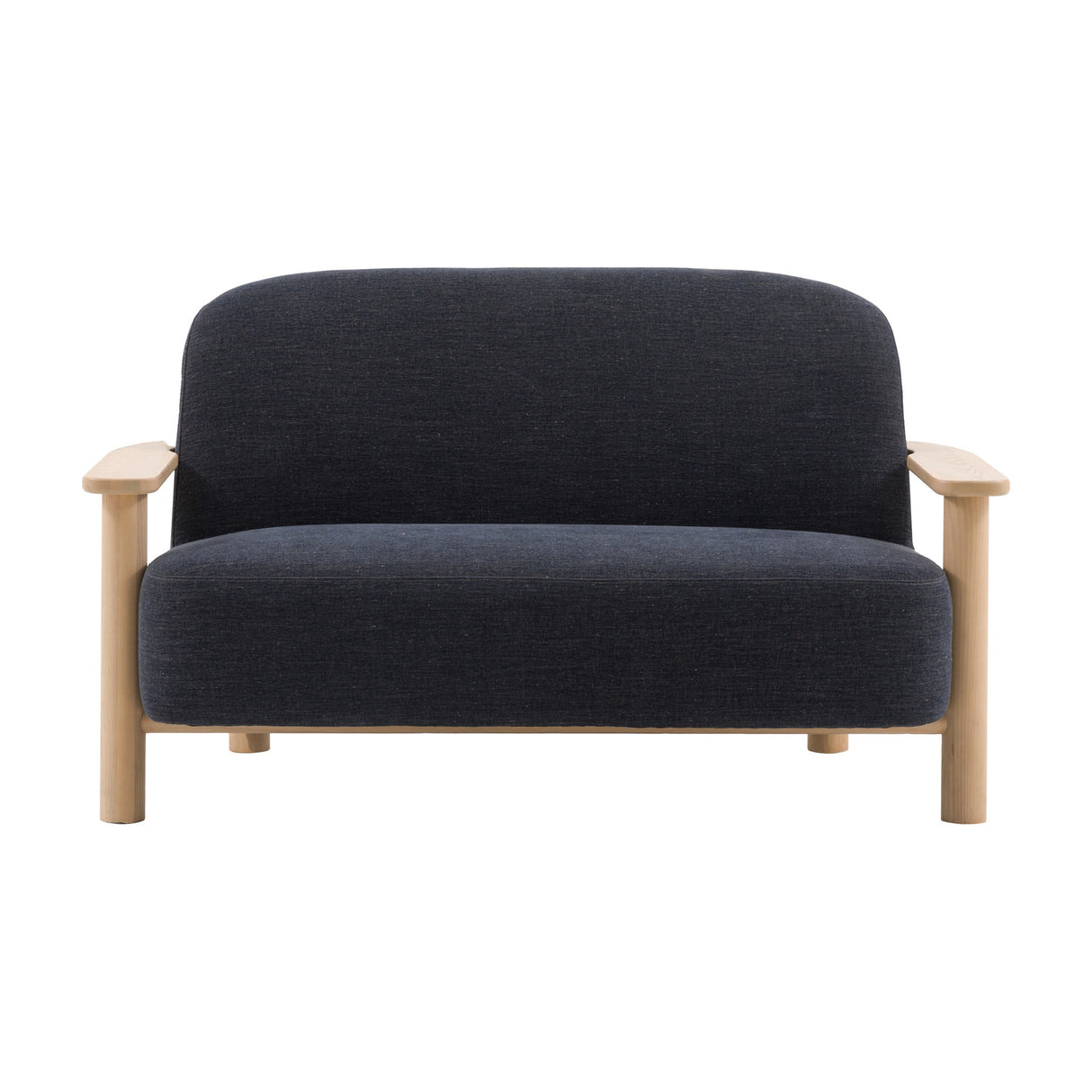 Gallery Direct Husvane 2 Seater Sofa in dark graphite woven fabric with rounded back, deep seat, flat ash armrests and turned cylindrical legs.