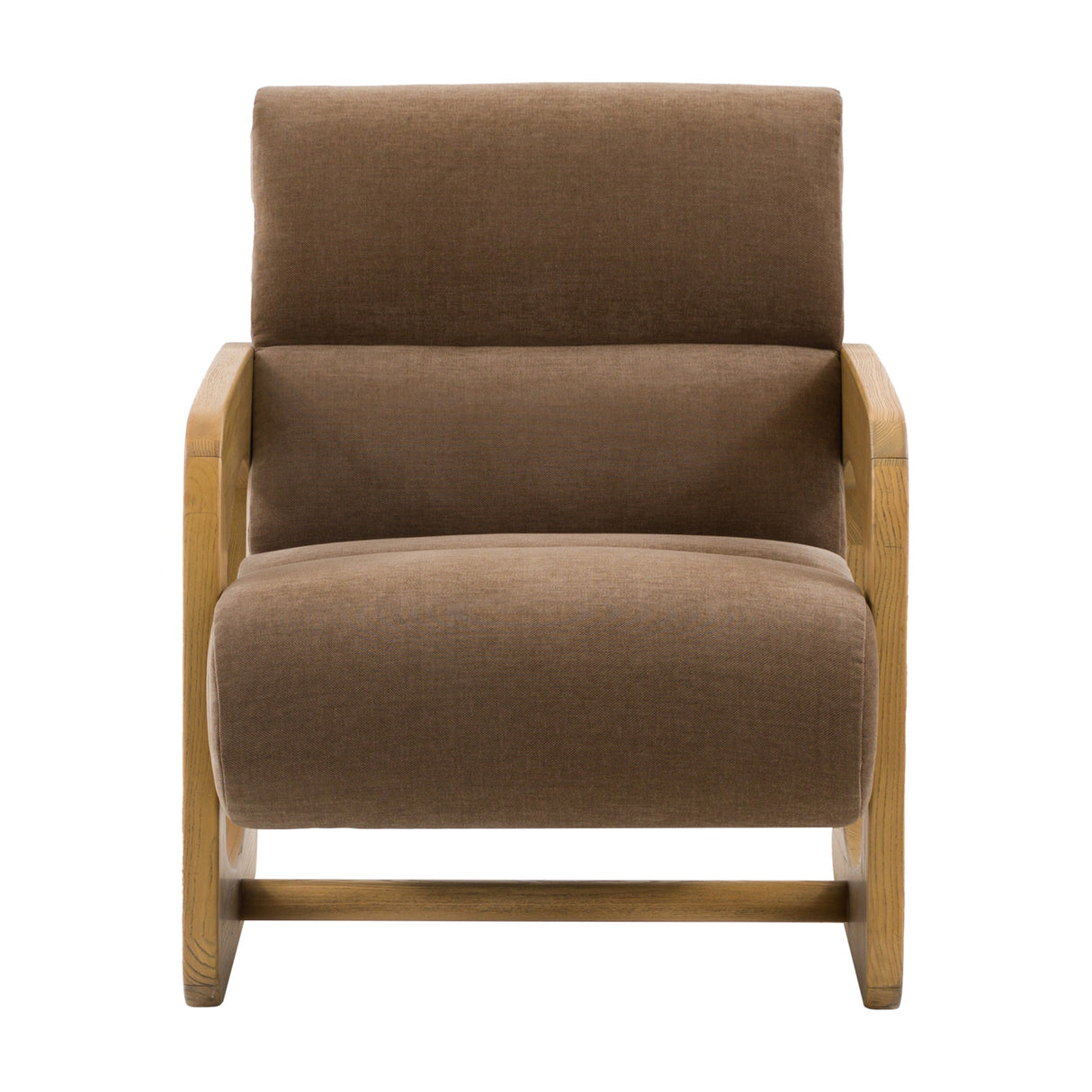 Gallery Direct Marvenne Armchair with sled-style ash frame and earthy brown chenille cushions on a plain white background.