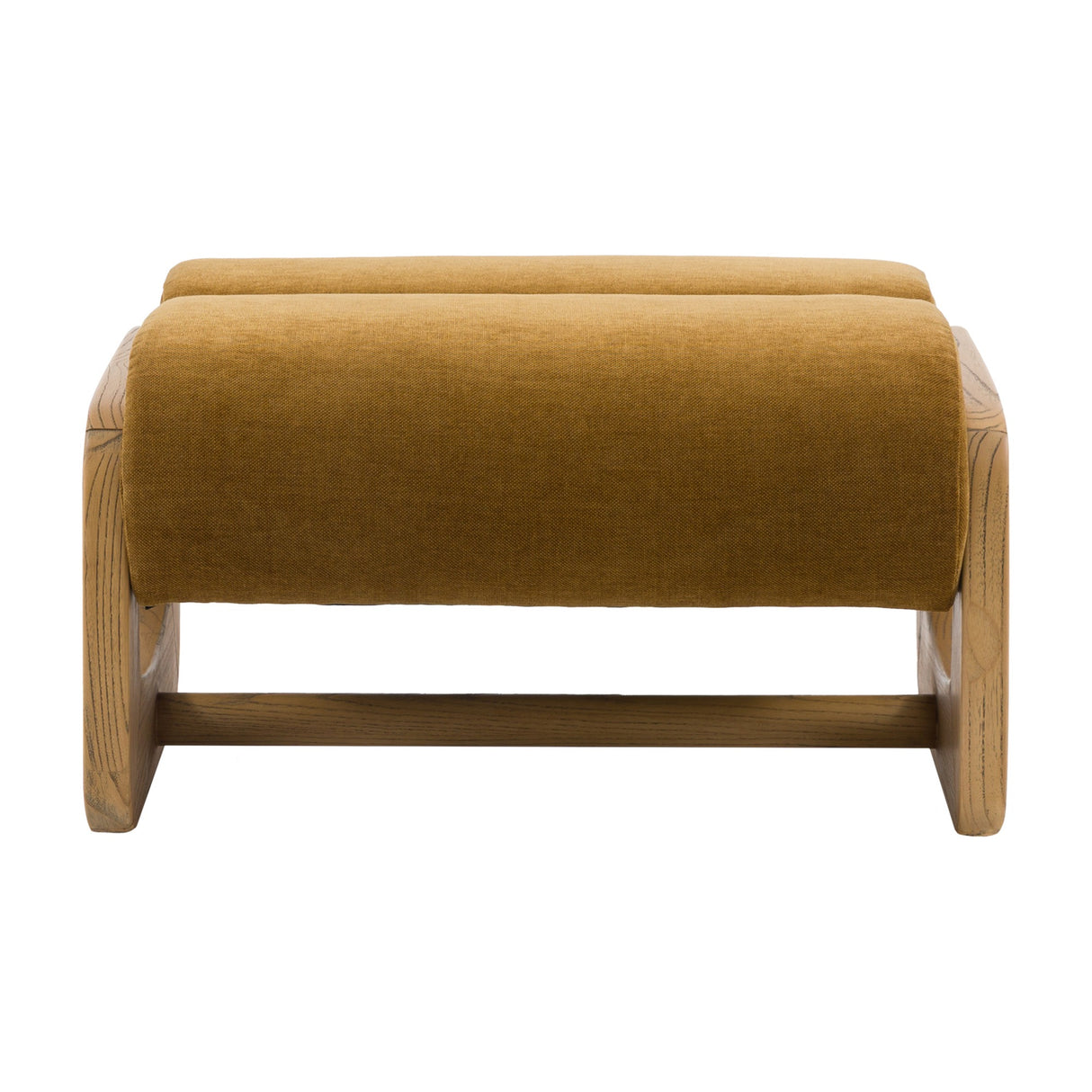 Gallery Direct Marvenne Upholstered Footstool with a mustard bolster-style seat on curved natural ash sides and a low stretcher bar, on a white background.