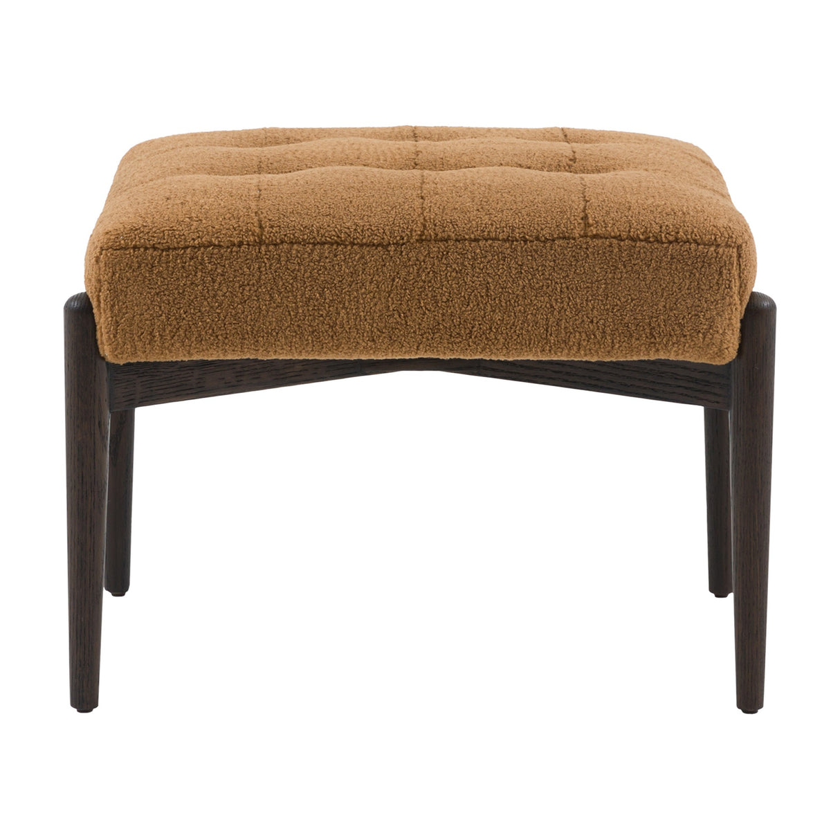 Gallery Direct Humvane Tufted Footstool in ochre bouclé with a quilted grid seat on a dark four-leg wooden base, on a plain white background.