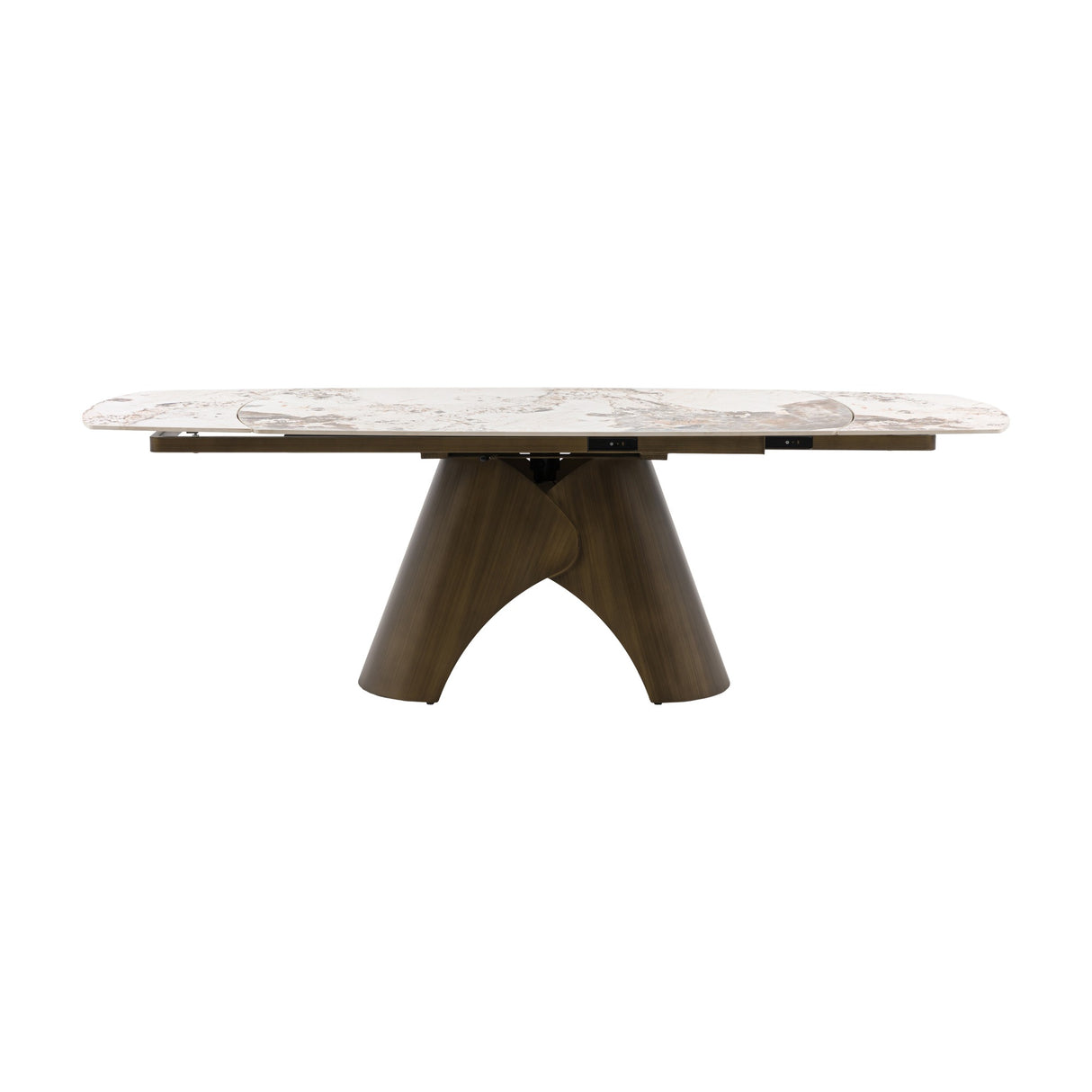 Gallery Direct Bresvane extending dining table with marble-effect ceramic top and sculptural bronze pedestal base on a plain white background.