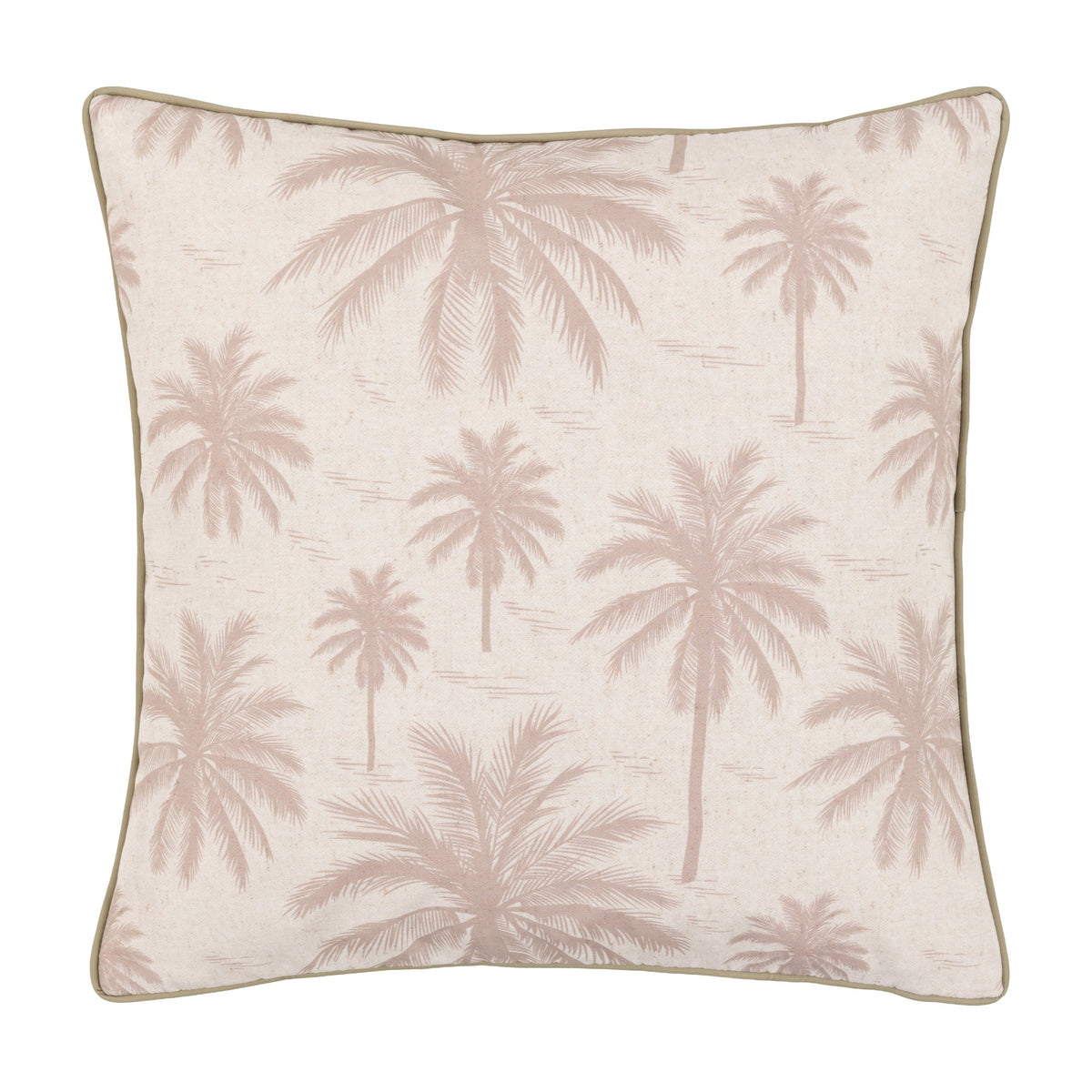 Gallery Direct Solvorne Palm Print Cushion in natural linen-look fabric with soft pink palm silhouettes and piped edges, on a white background.