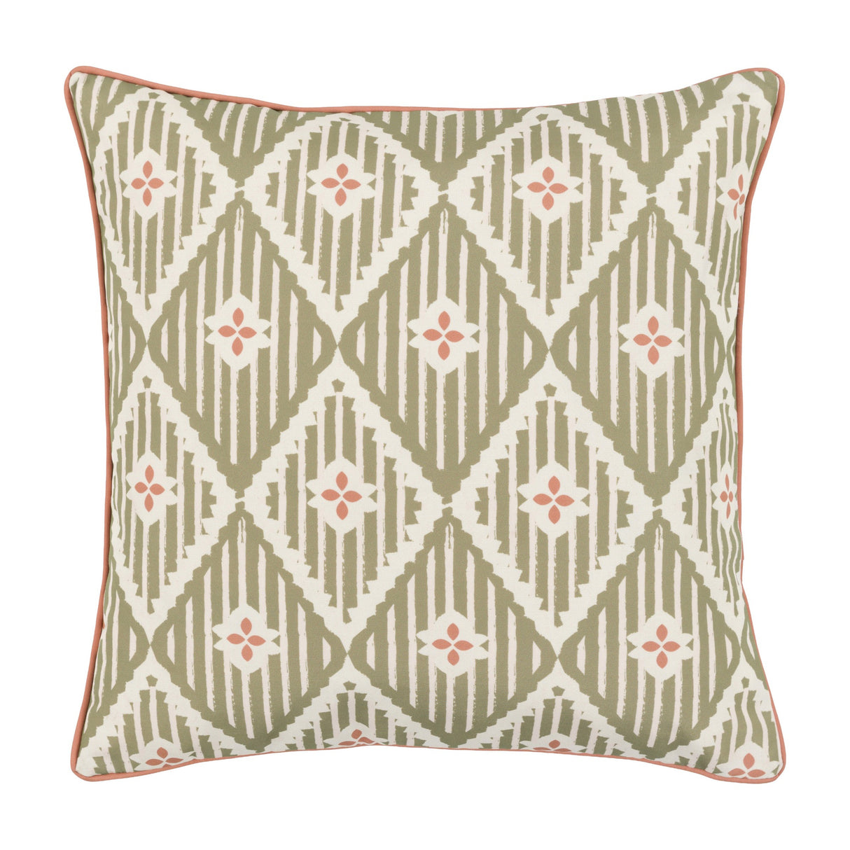 Gallery Direct Oasvane square filled cushion in olive with printed diamond and pink four-petal floral motif, finished with contrast pink piped edge.