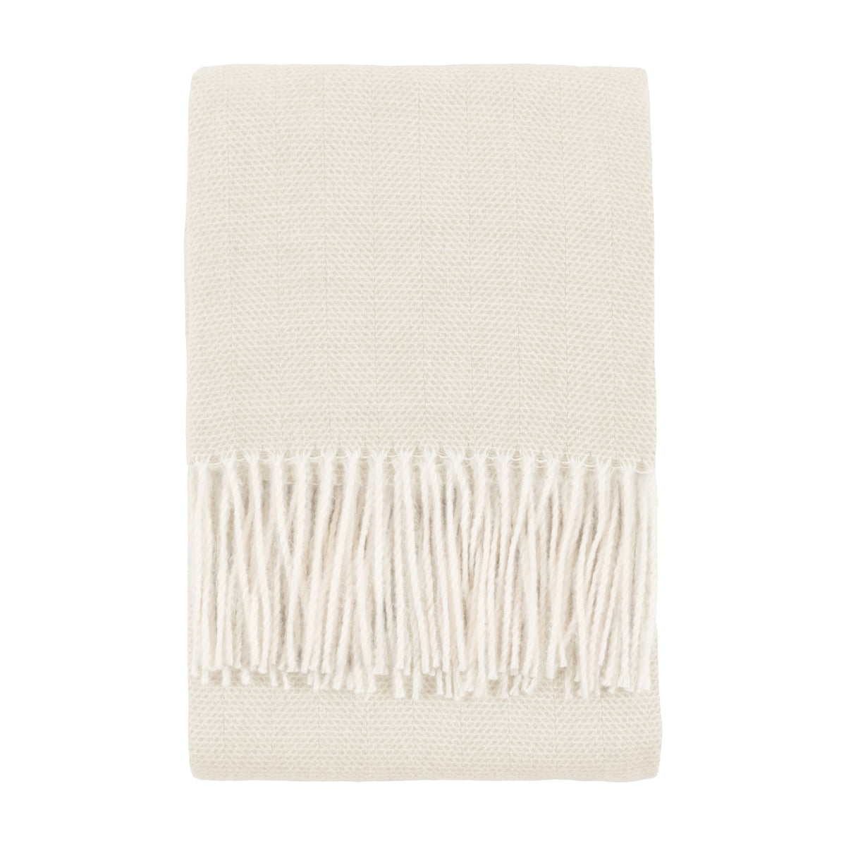 Gallery Direct Casvane folded ecru herringbone weave polyester throw with knotted tasselled fringe ends on a plain white background.