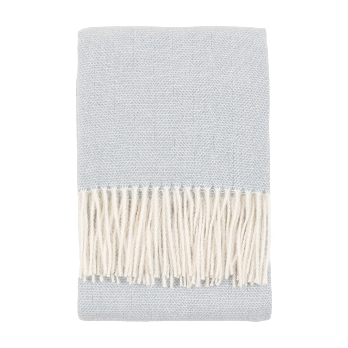 Gallery Direct Casvane Herringbone Throw folded to show pale blue herringbone weave and cream knotted fringe on a plain white background.