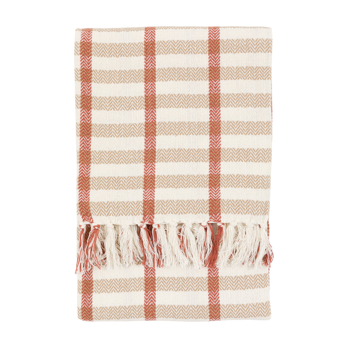 Gallery Direct Arvovane Grid Woven Throw folded to show natural sand herringbone weave with rust stripes and hand-knotted tassel fringe.