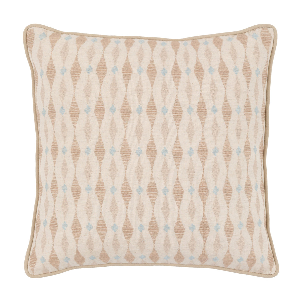 Gallery Direct Sivane Ikat Embroidered Cushion in natural oatmeal and beige with pale blue diamond accents and piped edge, on a plain white background.