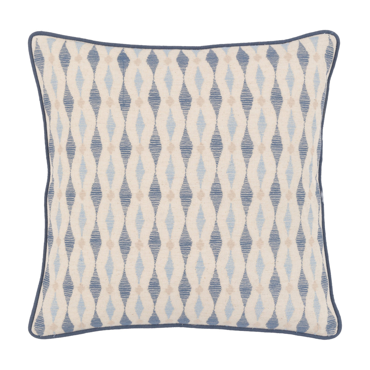 Gallery Direct Sivane Ikat Embroidered Cushion in natural linen with blue diamond and teardrop pattern and navy piped edge, on a white background.