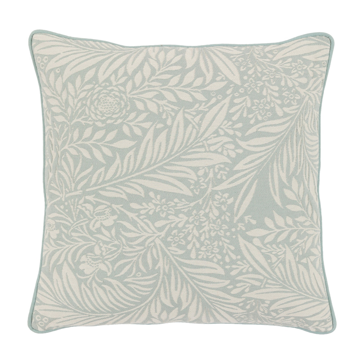 Gallery Direct Fallow Leaf Woven Cushion in Duck Egg with a cream jacquard trailing leaf and floral pattern, piped edging, on a plain white background.