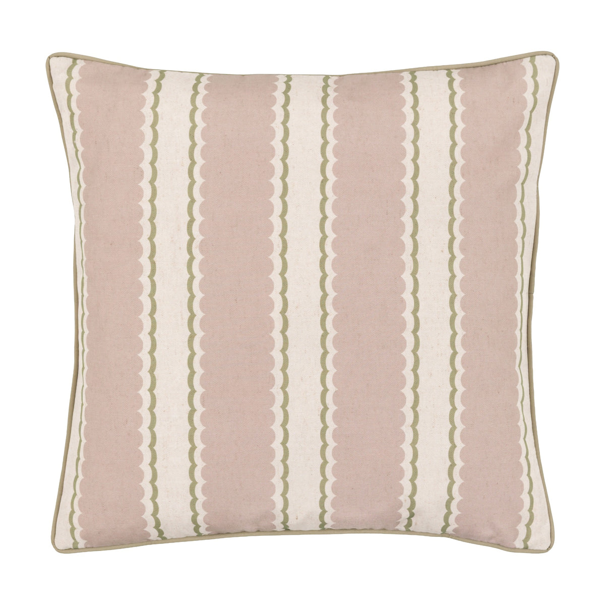 Gallery Direct Calvenne Scalloped Stripe Cushion in dusky pink and natural with green scalloped edges and neat piped border on a white background.