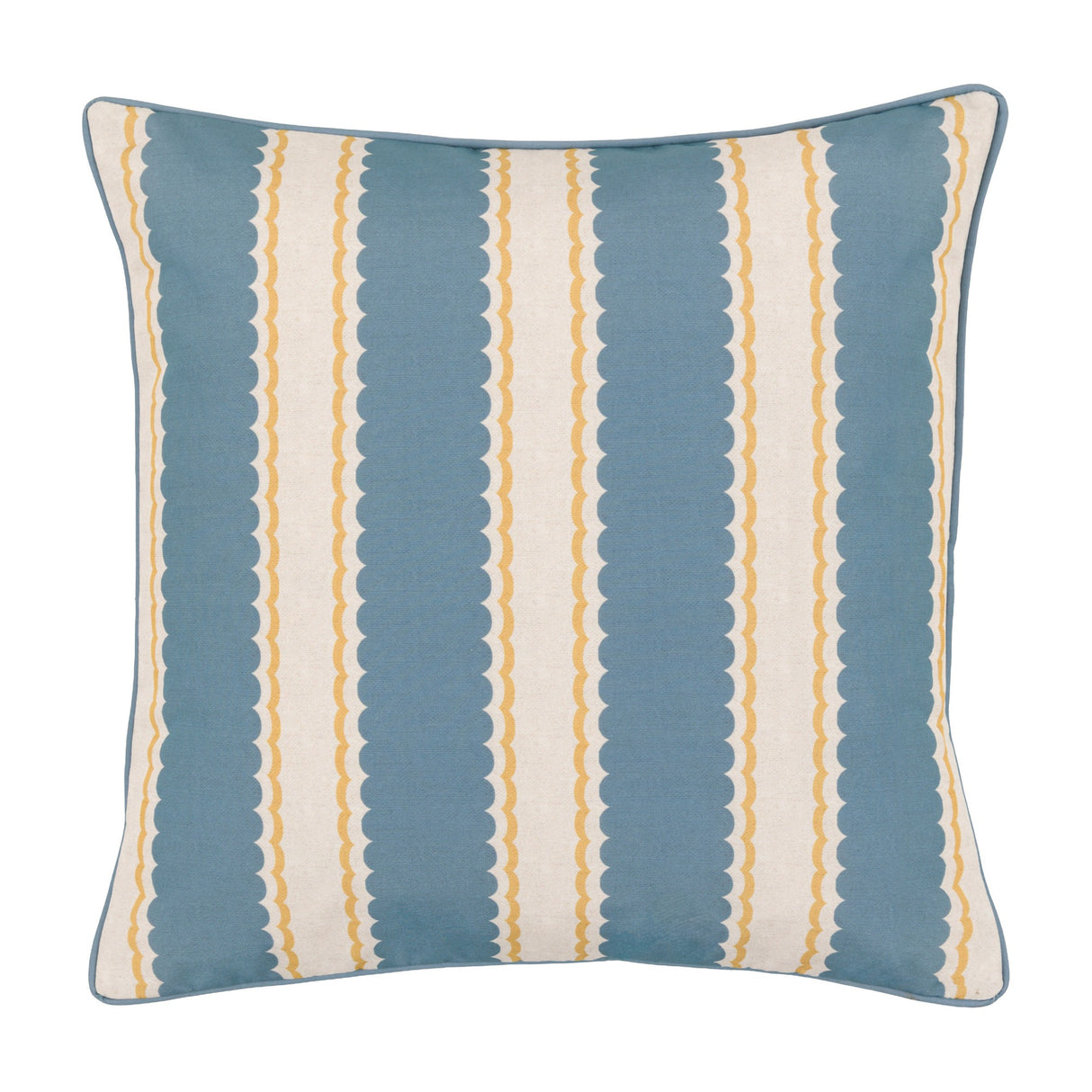 Gallery Direct Calvenne Scalloped Stripe Cushion in blue and ochre with vertical scalloped stripes on a natural ground and piped edge.