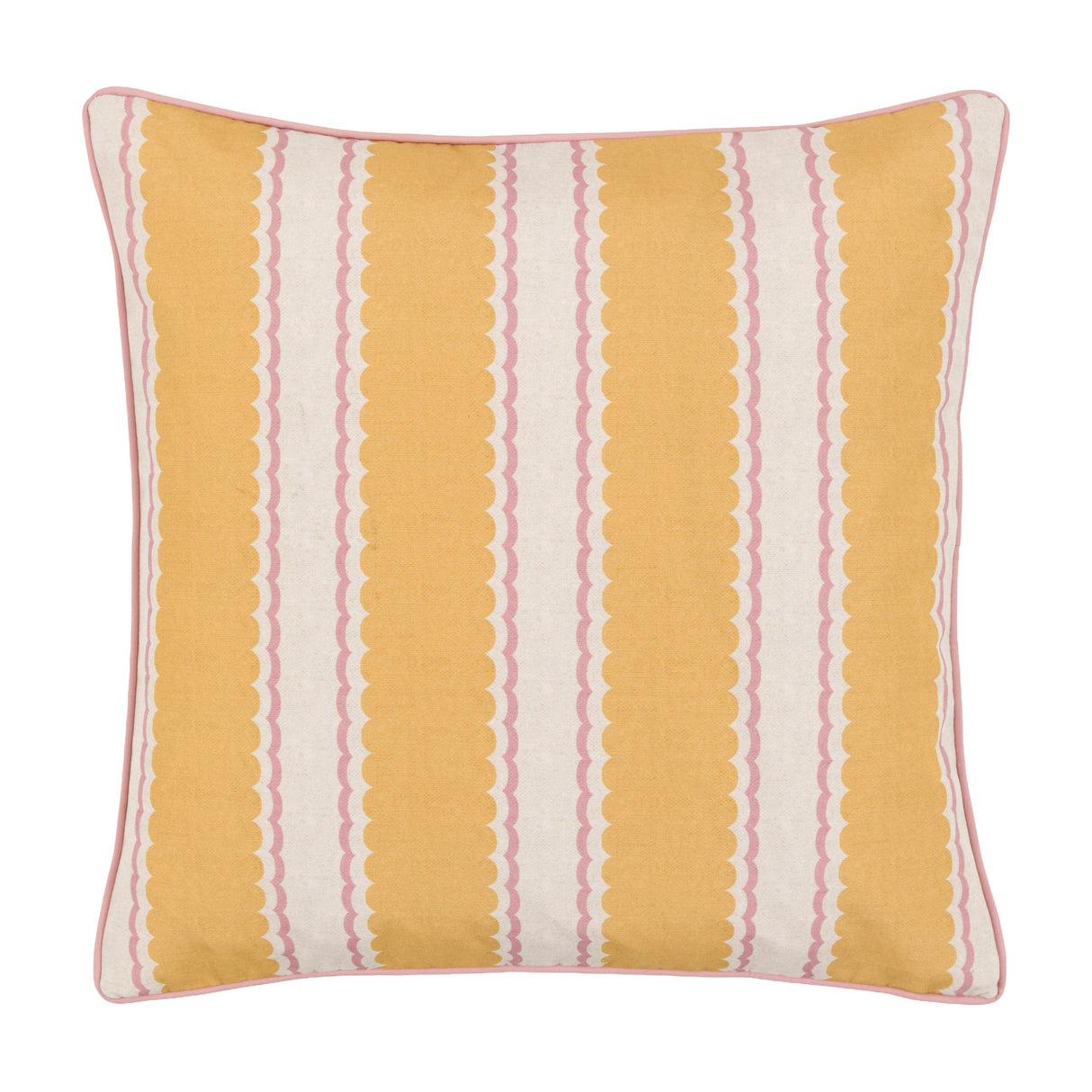 Gallery Direct Calvenne Scalloped Stripe Cushion in ochre and natural with pink scalloped detailing and pink piped border on a white background.